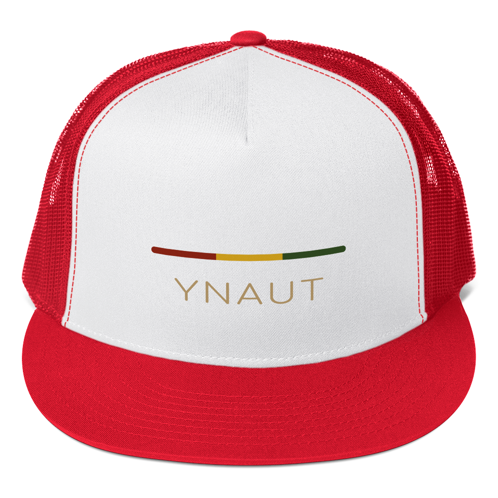 YNAUT Trucker Cap | Stripe Logo High-Profile Minimalist Rasta Hat with printed YNAUT logo, 5-panel-trucker-cap-red-white-red-front-6a4be05a0211a