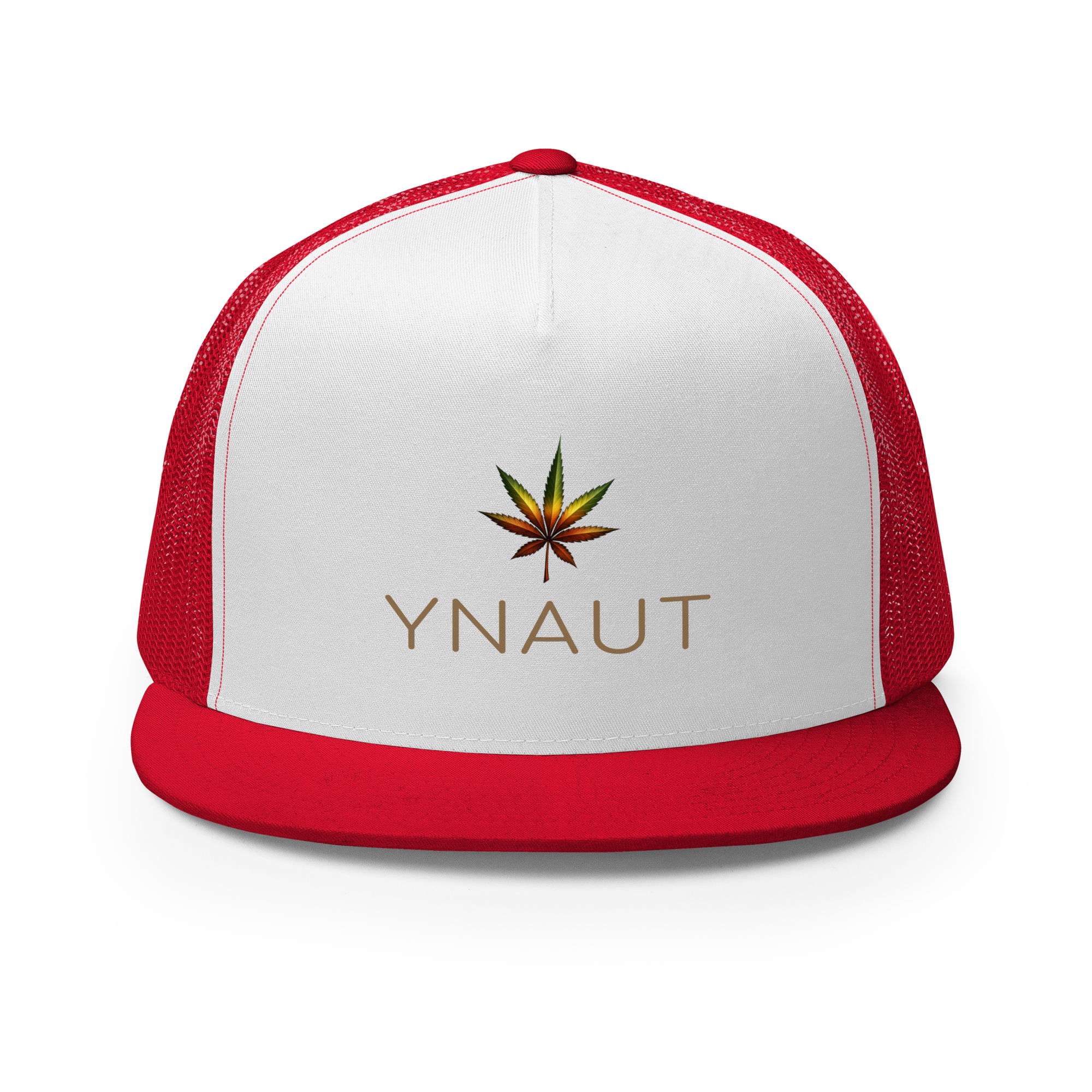 YNAUT Trucker Cap | High-Profile Minimalist Cannabis & Reggae Streetwear Hat with printed YNAUT logo, 5-panel-trucker-cap-red-white-red-front-6a5668afd3f50