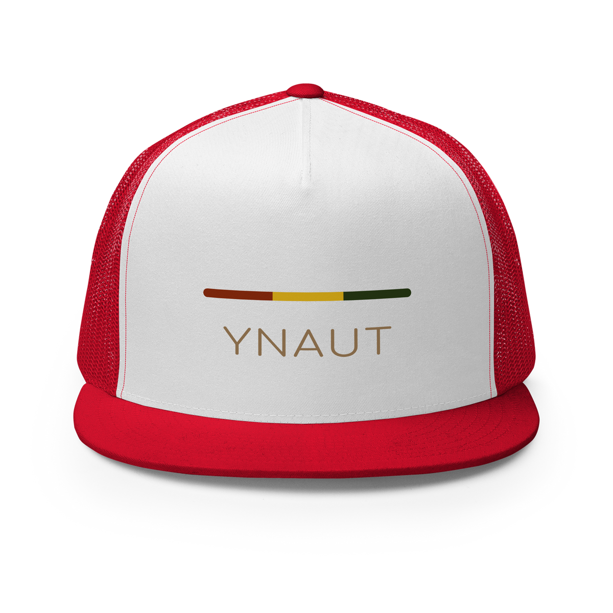 Snapback Trucker Cap | Riddim Collection | YNAUT with printed YNAUT Riddim logo, red white red, front view