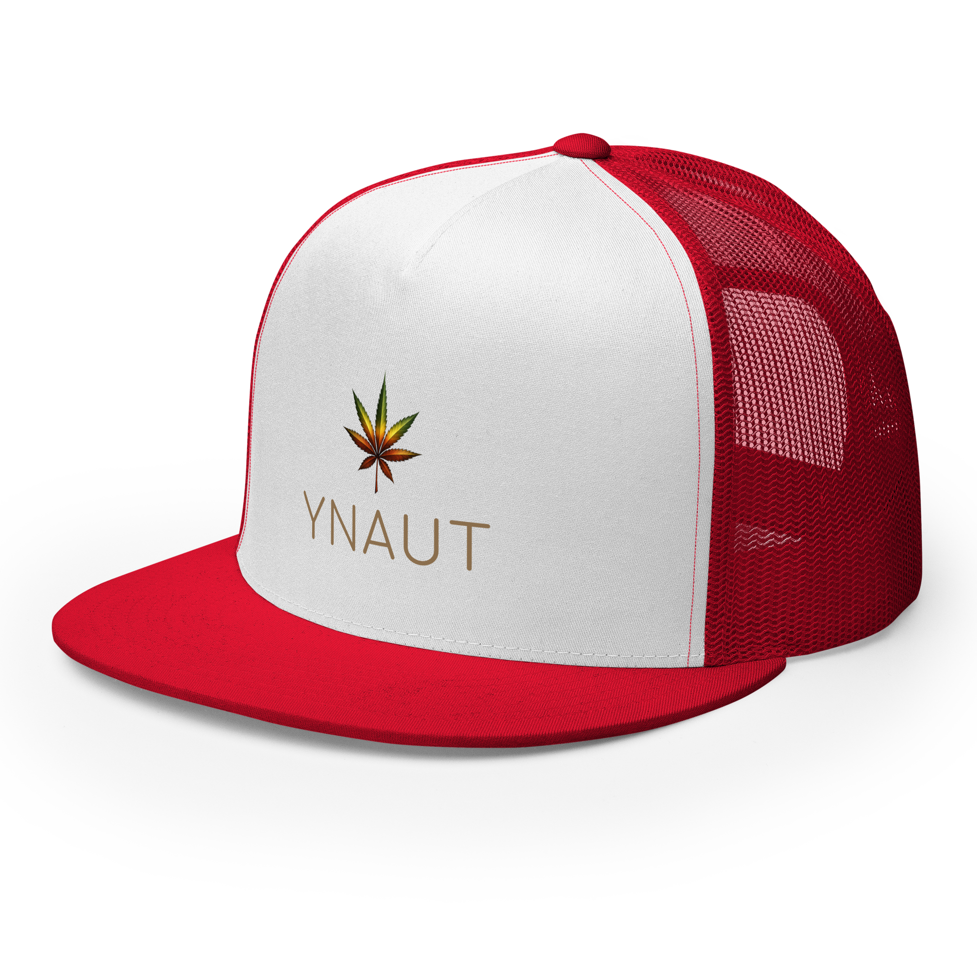 YNAUT Trucker Cap | High-Profile Minimalist Cannabis & Reggae Streetwear Hat with printed YNAUT logo, 5-panel-trucker-cap-red-white-red-left-front-6a5668afd3fab