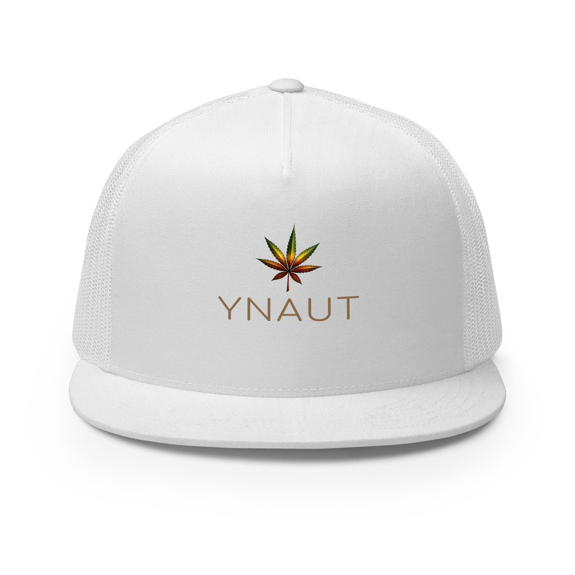 YNAUT Trucker Cap with printed YNAUT logo, 5-panel-trucker-cap-white-front-69dd2594cb211