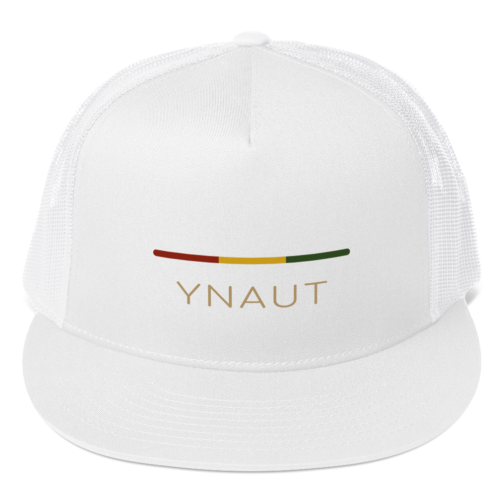 YNAUT Trucker Cap | Stripe Logo High-Profile Minimalist Rasta Hat with printed YNAUT logo, 5-panel-trucker-cap-white-front-6a4be05a021e6