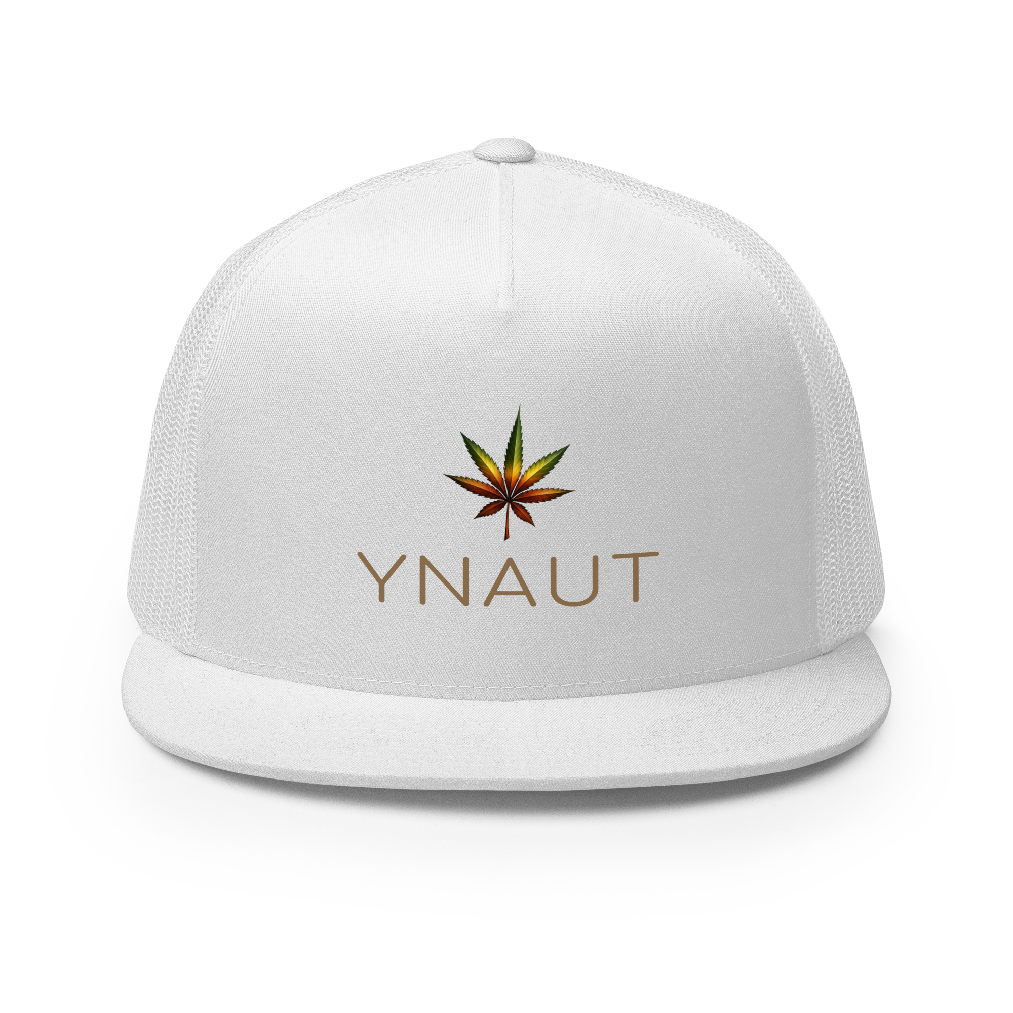 YNAUT Trucker Cap | High-Profile Minimalist Cannabis & Reggae Streetwear Hat with printed YNAUT logo, 5-panel-trucker-cap-white-front-6a5668afd40c1