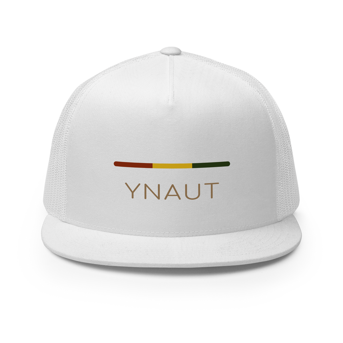 Snapback Trucker Cap | Riddim Collection | YNAUT with printed YNAUT Riddim logo, white, front view