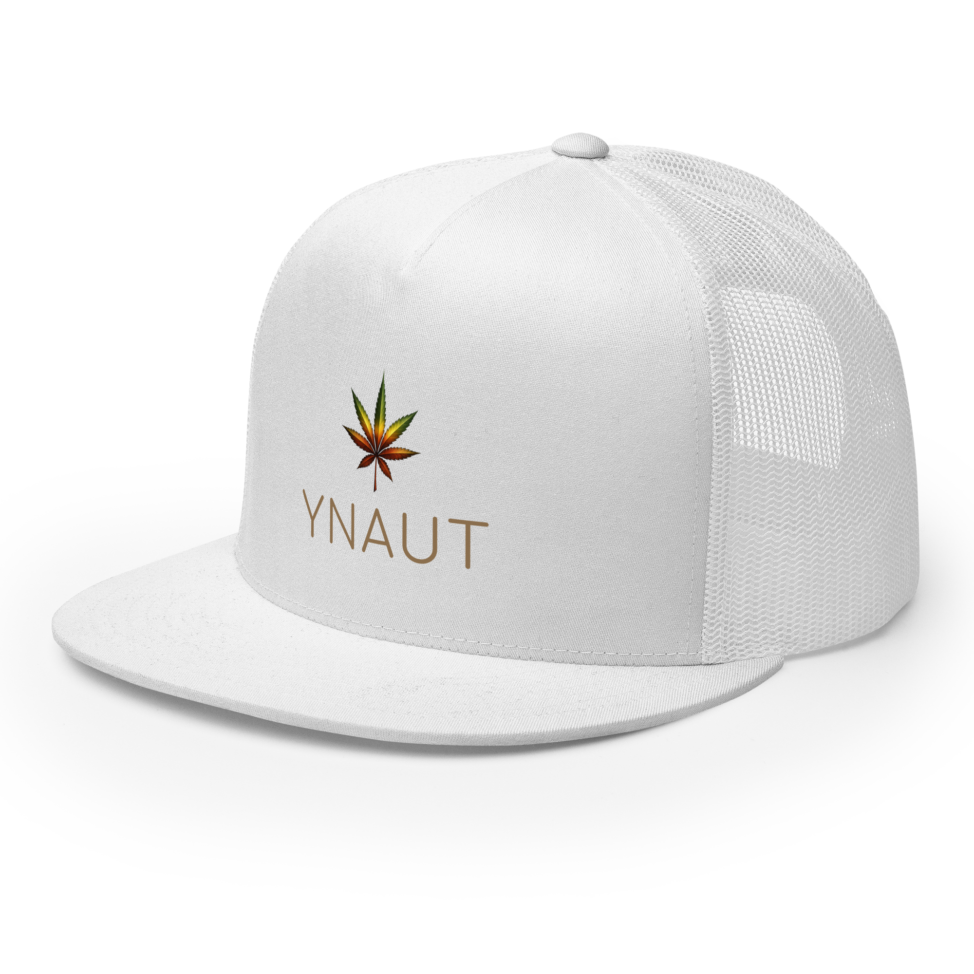 YNAUT Trucker Cap | High-Profile Minimalist Cannabis & Reggae Streetwear Hat with printed YNAUT logo, 5-panel-trucker-cap-white-left-front-6a5668afd410f