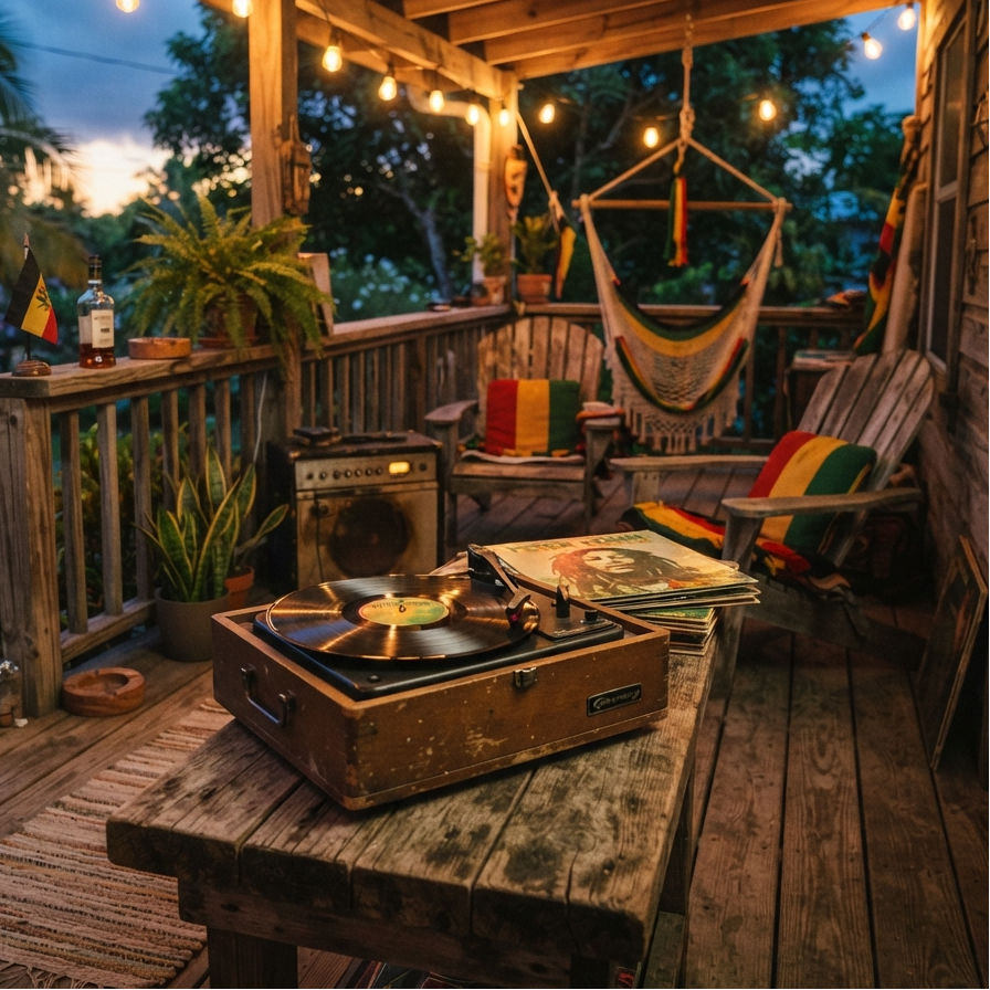 Tropical porch at dusk with string lights, a hanging hammock chair, a record player and vinyl crate above a garden