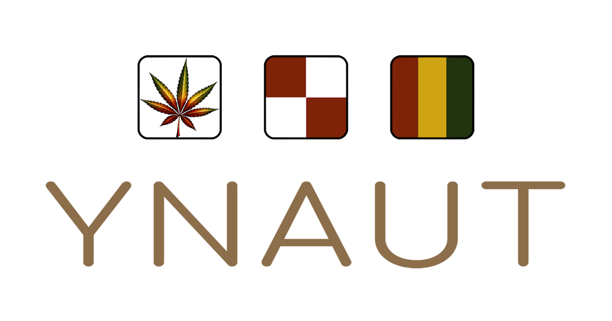 YNAUT Combo logo with three small square icons: a cannabis leaf, a red-and-white checker, and a vertical tricolor in green, gold, and red.