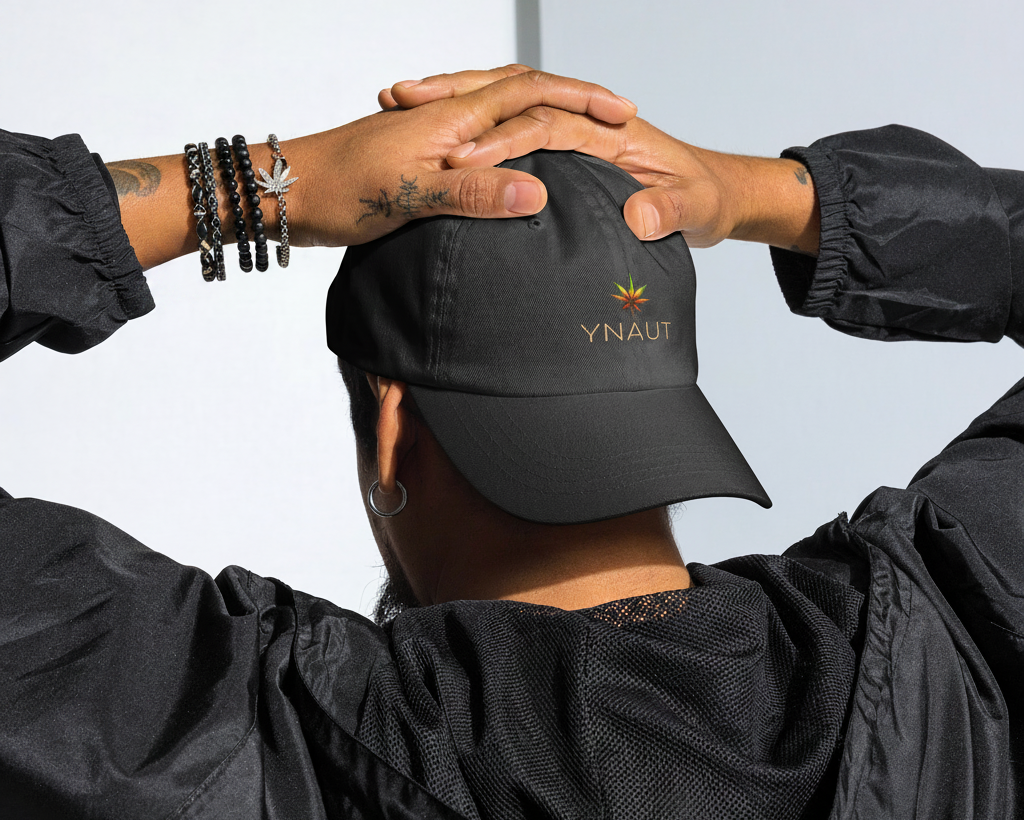 Person wearing a black cap with 'YNAUT' logo, holding hands above their head against a light background