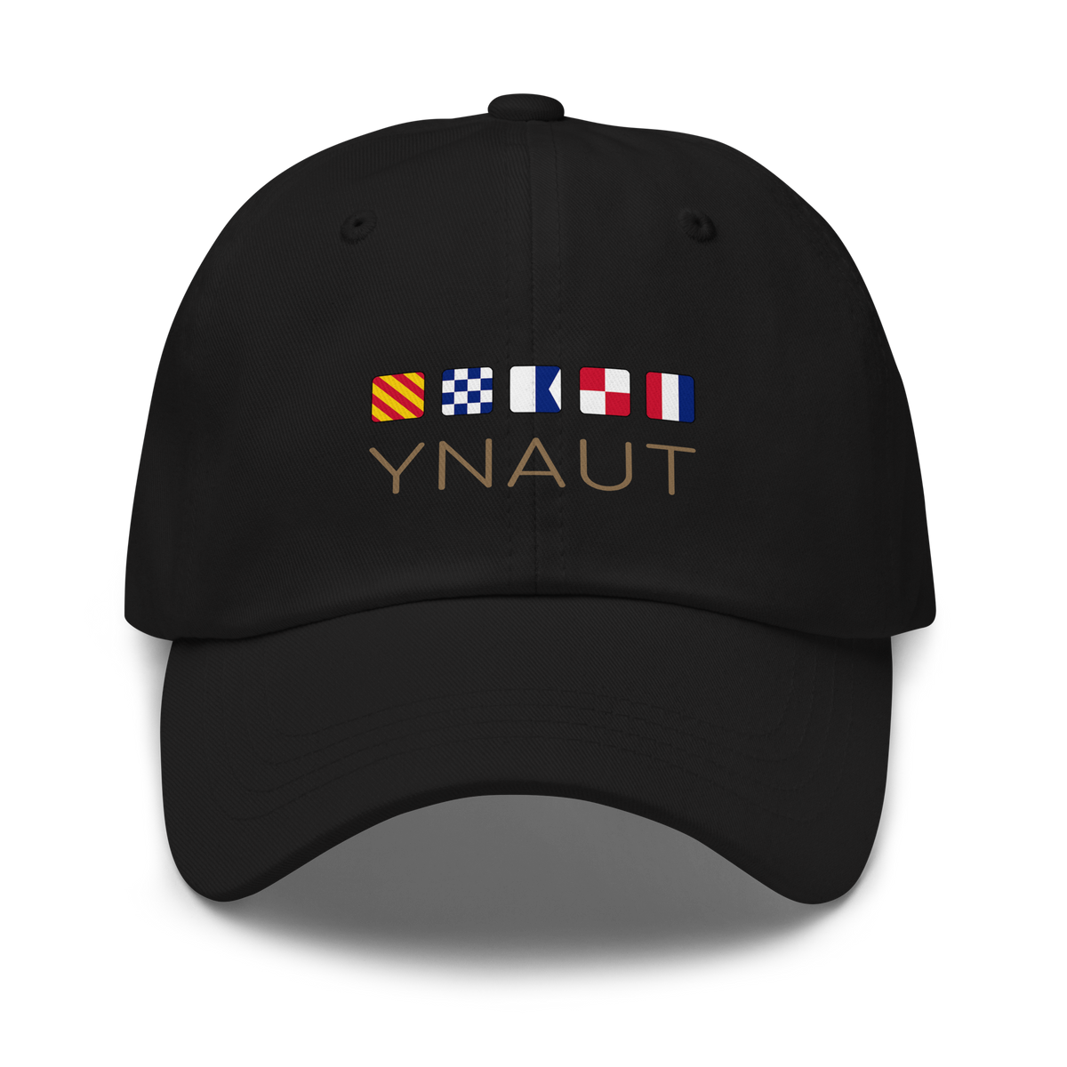 Nautical Dad Hat | Signal Collection | YNAUT with printed YNAUT Signal logo, black, front view