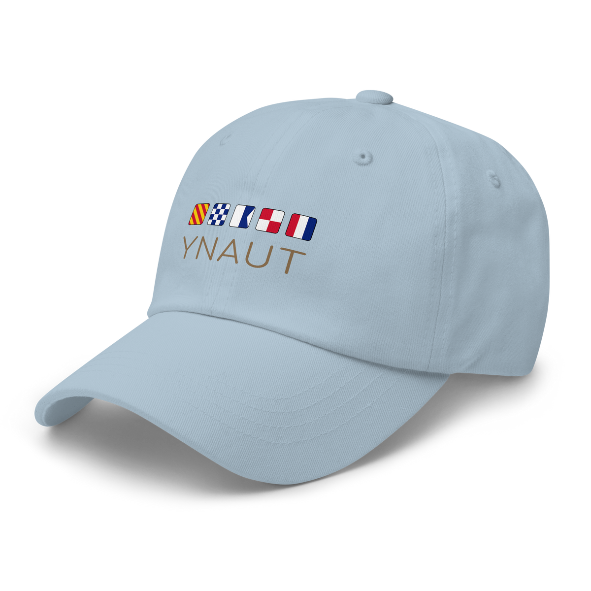 Nautical Dad Hat | Signal Collection | YNAUT with printed YNAUT Signal logo, light blue, left front view