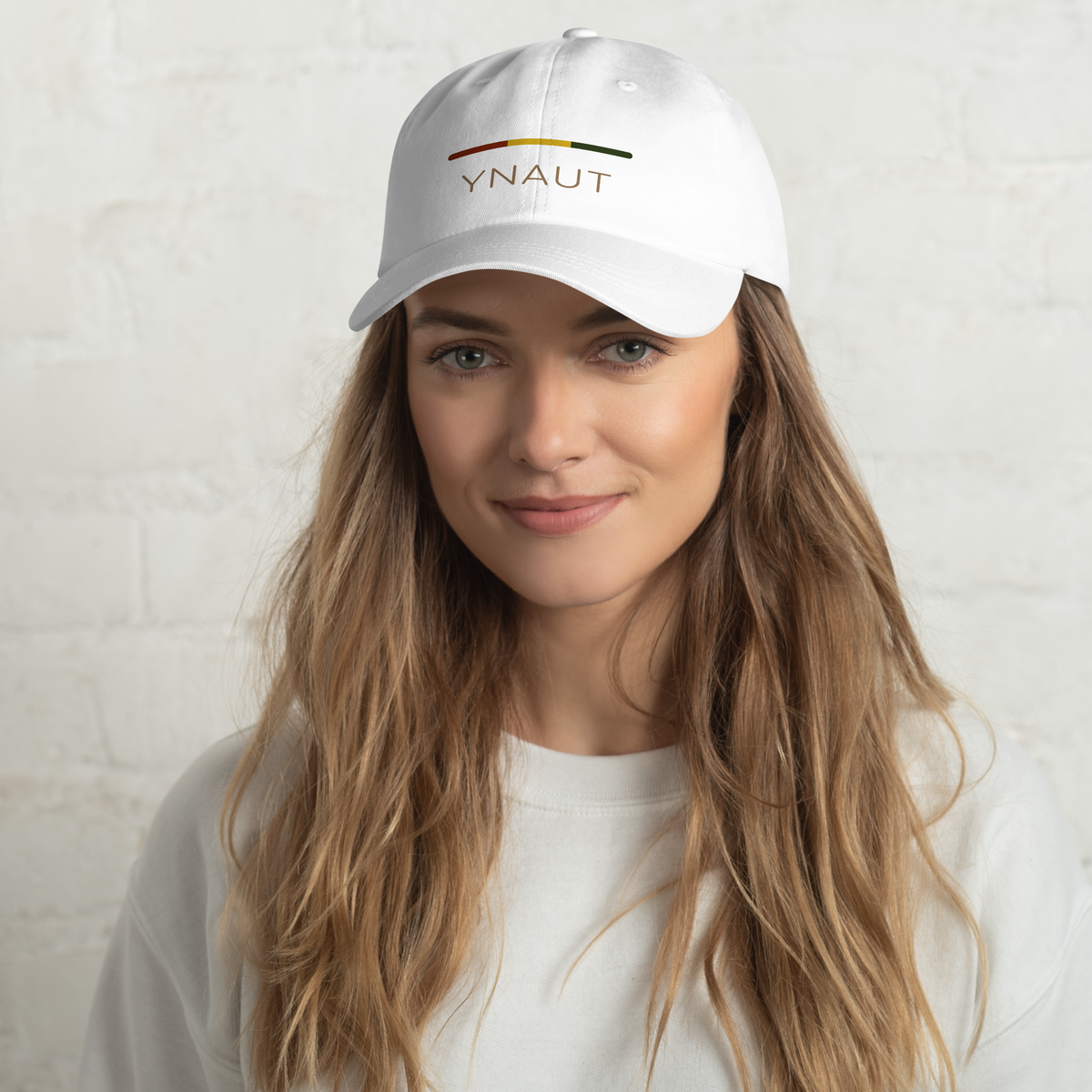 Classic Dad Hat | Riddim Collection | YNAUT with printed YNAUT Riddim logo, white, front view