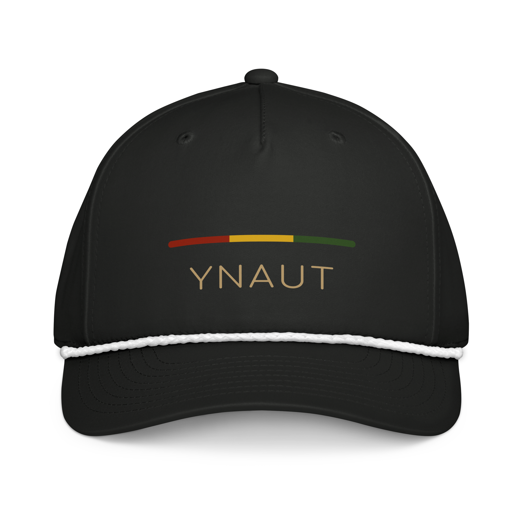 YNAUT Classic Rope Cap | Stripe Logo Rasta-Inspired Minimalist Hat with printed YNAUT logo, classic-rope-cap-black-white-front-6a4be811b32f6