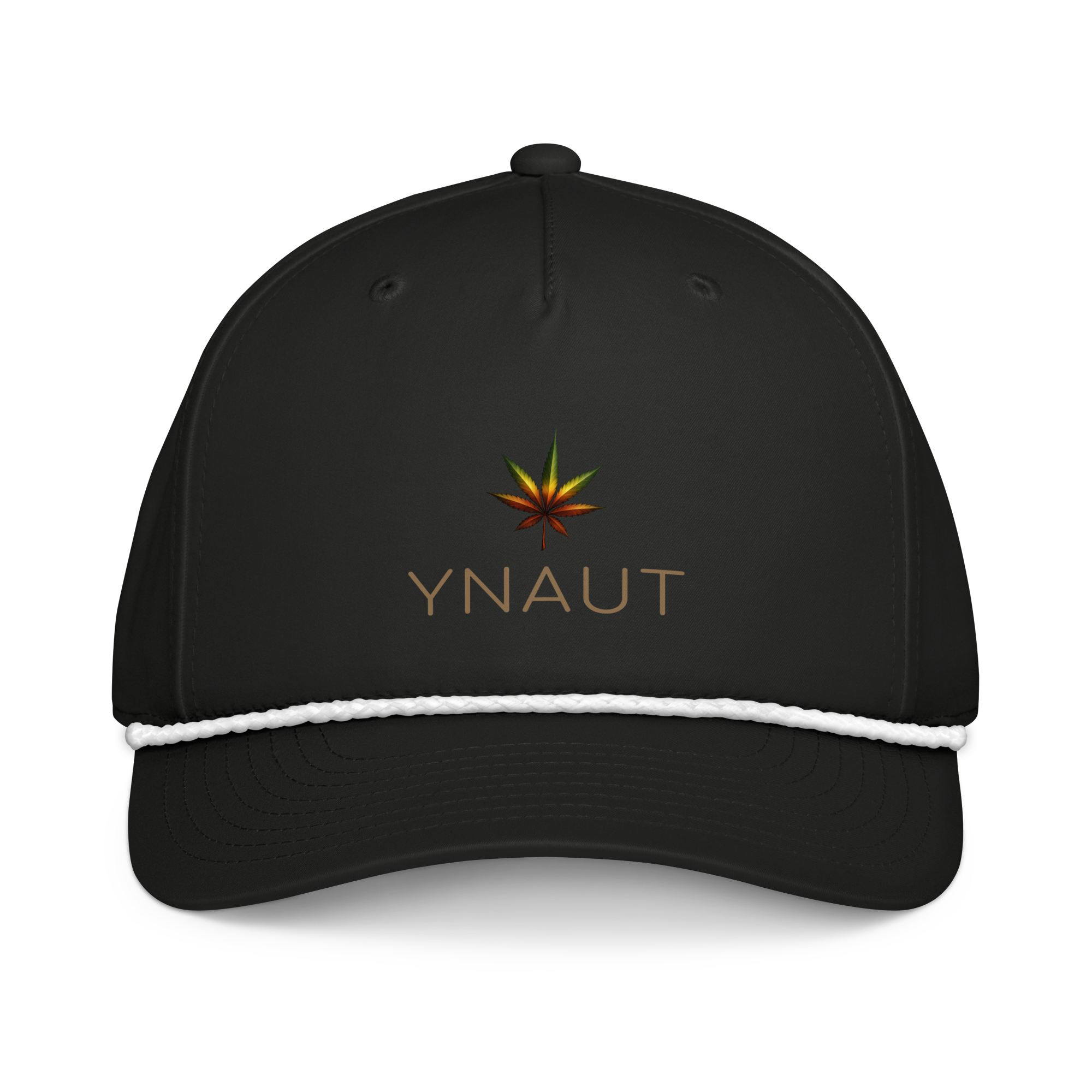 YNAUT Classic Rope Cap | Minimalist Reggae & Cannabis Lifestyle Hat with printed YNAUT logo, classic-rope-cap-black-white-front-6a557bbc5c00d