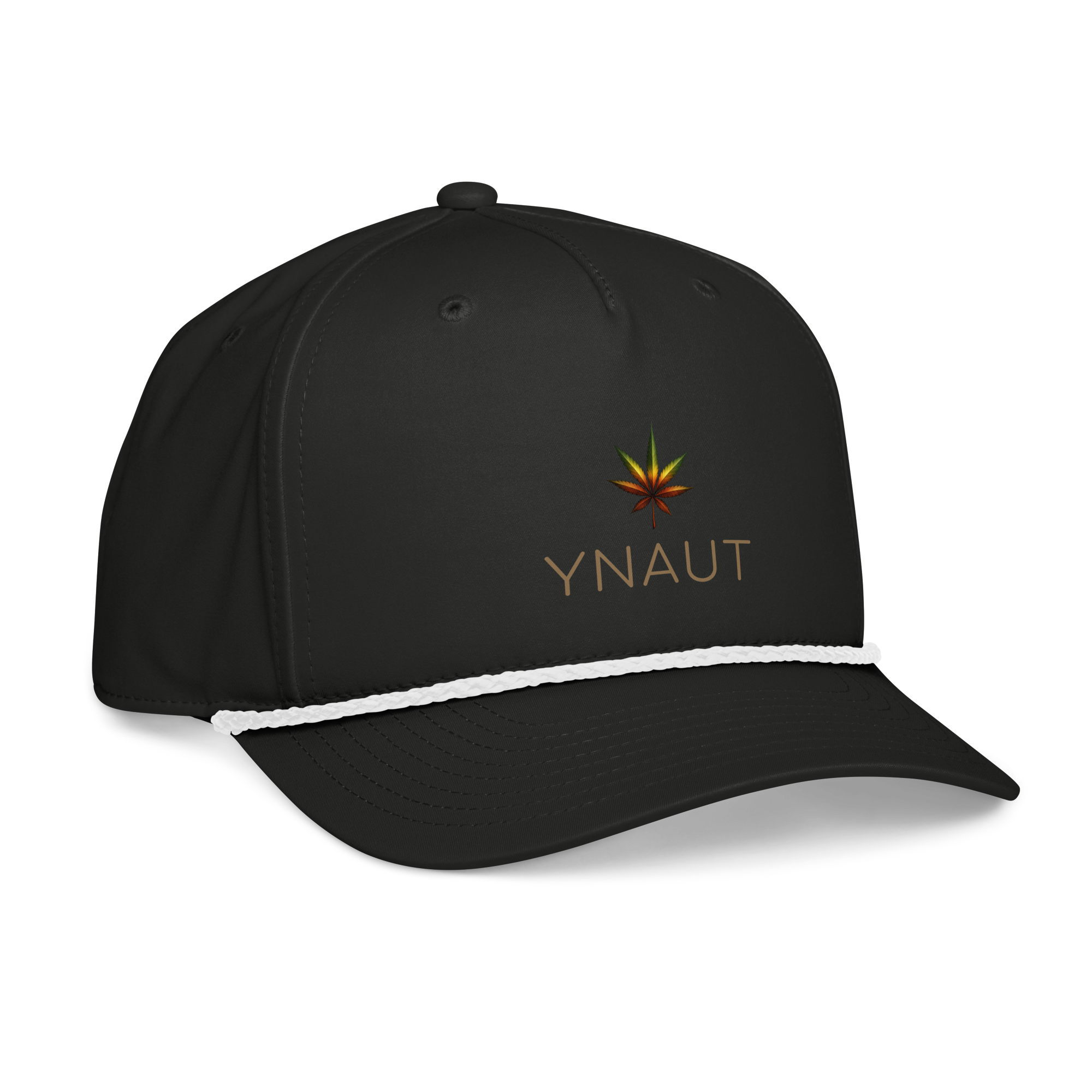 YNAUT Classic Rope Cap | Minimalist Reggae & Cannabis Lifestyle Hat with printed YNAUT logo, classic-rope-cap-black-white-right-front-6a557bbc5c0a0