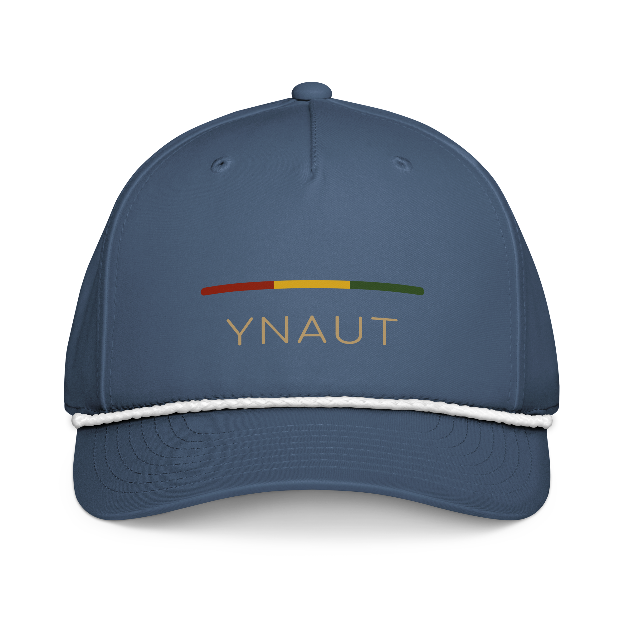 YNAUT Classic Rope Cap | Stripe Logo Rasta-Inspired Minimalist Hat with printed YNAUT logo, classic-rope-cap-light-blue-white-front-6a4be811b3354
