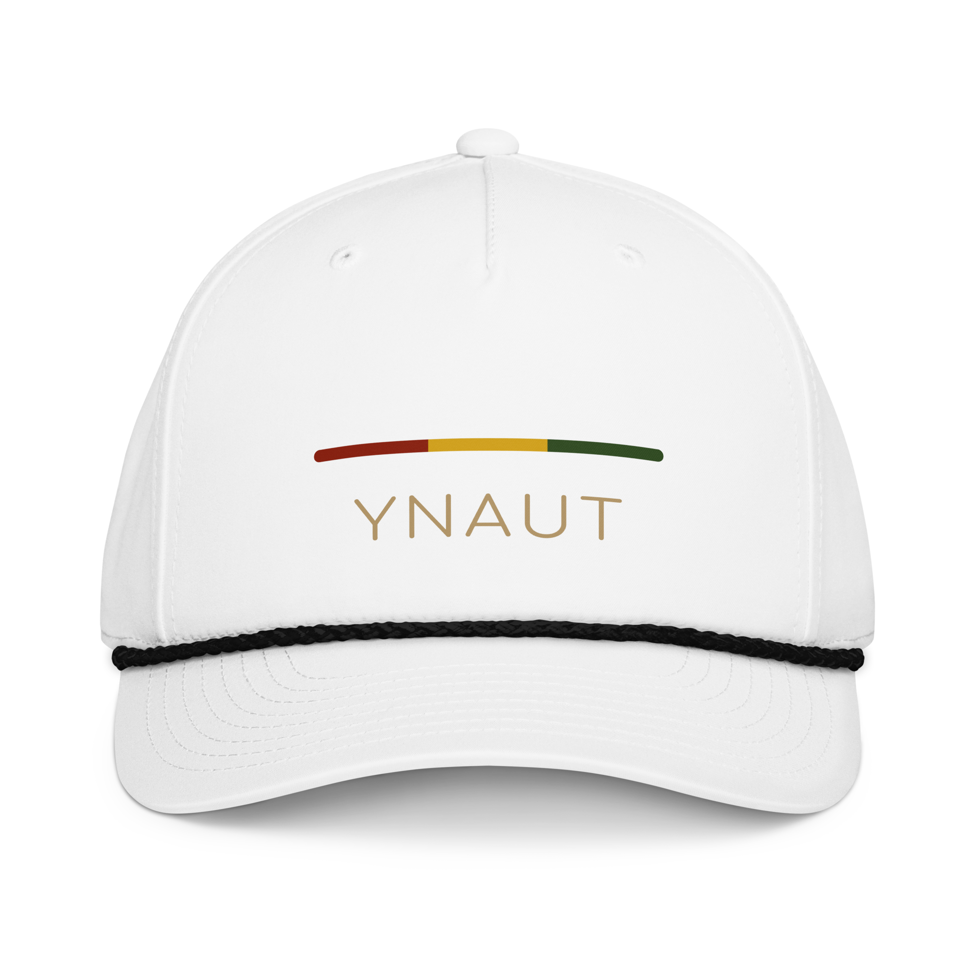 YNAUT Classic Rope Cap | Stripe Logo Rasta-Inspired Minimalist Hat with printed YNAUT logo, classic-rope-cap-white-black-front-6a4be811b2395