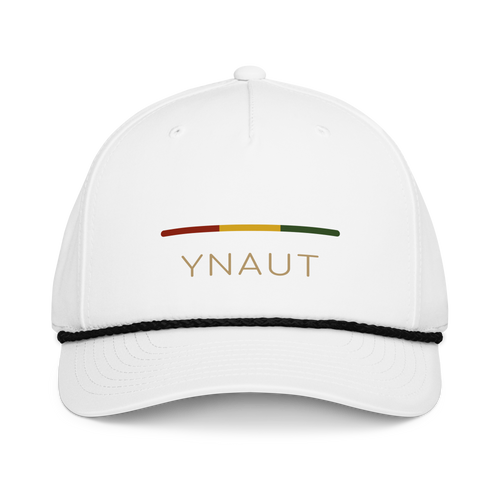 YNAUT Classic Rope Cap | Stripe Logo Rasta-Inspired Minimalist Hat with printed YNAUT logo, classic-rope-cap-white-black-front-6a4be811b2395
