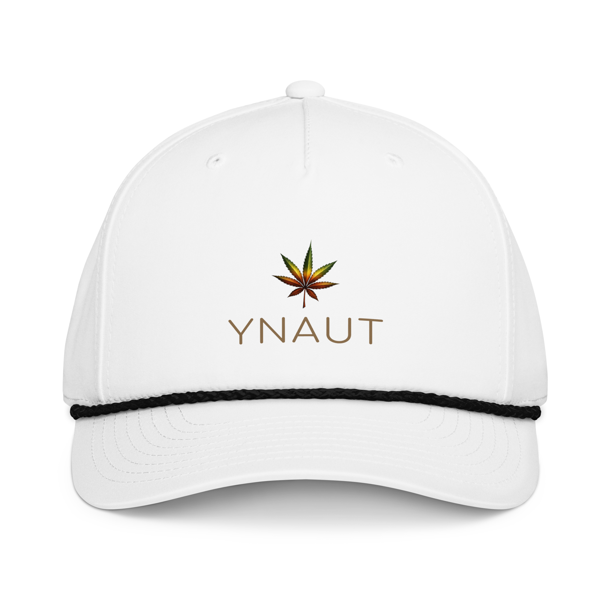 YNAUT Classic Rope Cap | Minimalist Reggae & Cannabis Lifestyle Hat with printed YNAUT logo, classic-rope-cap-white-black-front-6a557bbc5af14