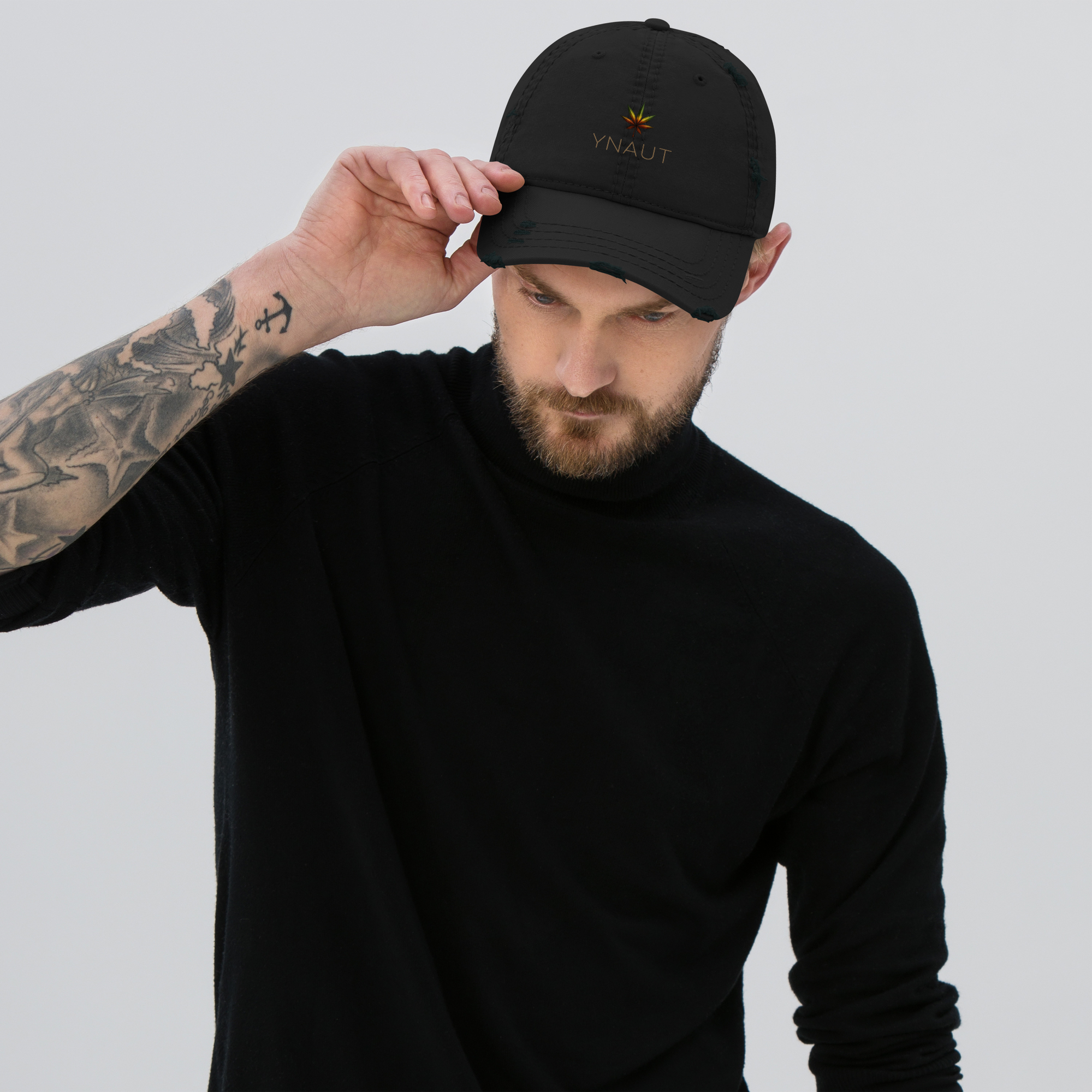 YNAUT Distressed Cap with printed YNAUT logo, distressed-dad-hat-black-front-69d18a65c04a9