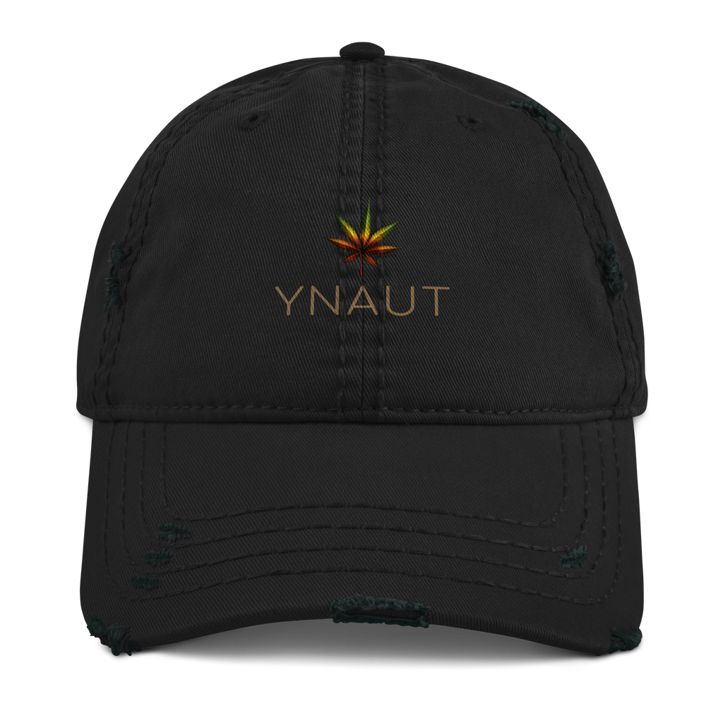 YNAUT Distressed Cap | Vintage Minimalist Reggae & Cannabis Dad Hat with printed YNAUT logo, distressed-dad-hat-black-front-69d914726cbab