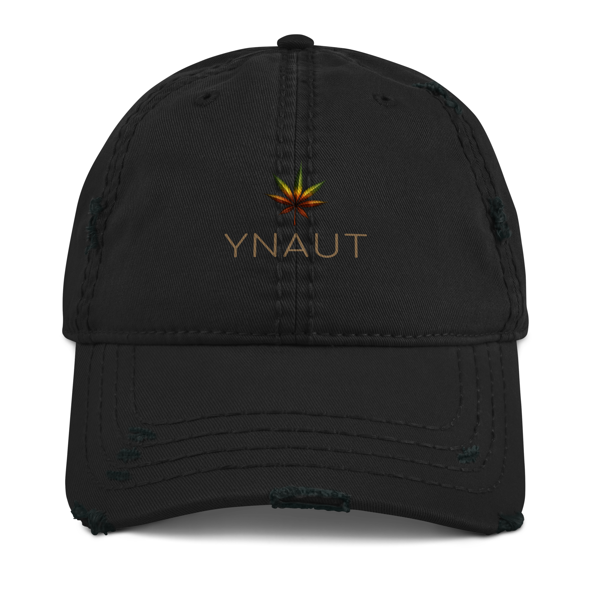YNAUT Distressed Cap with printed YNAUT logo, distressed-dad-hat-black-front-69d914726cbab