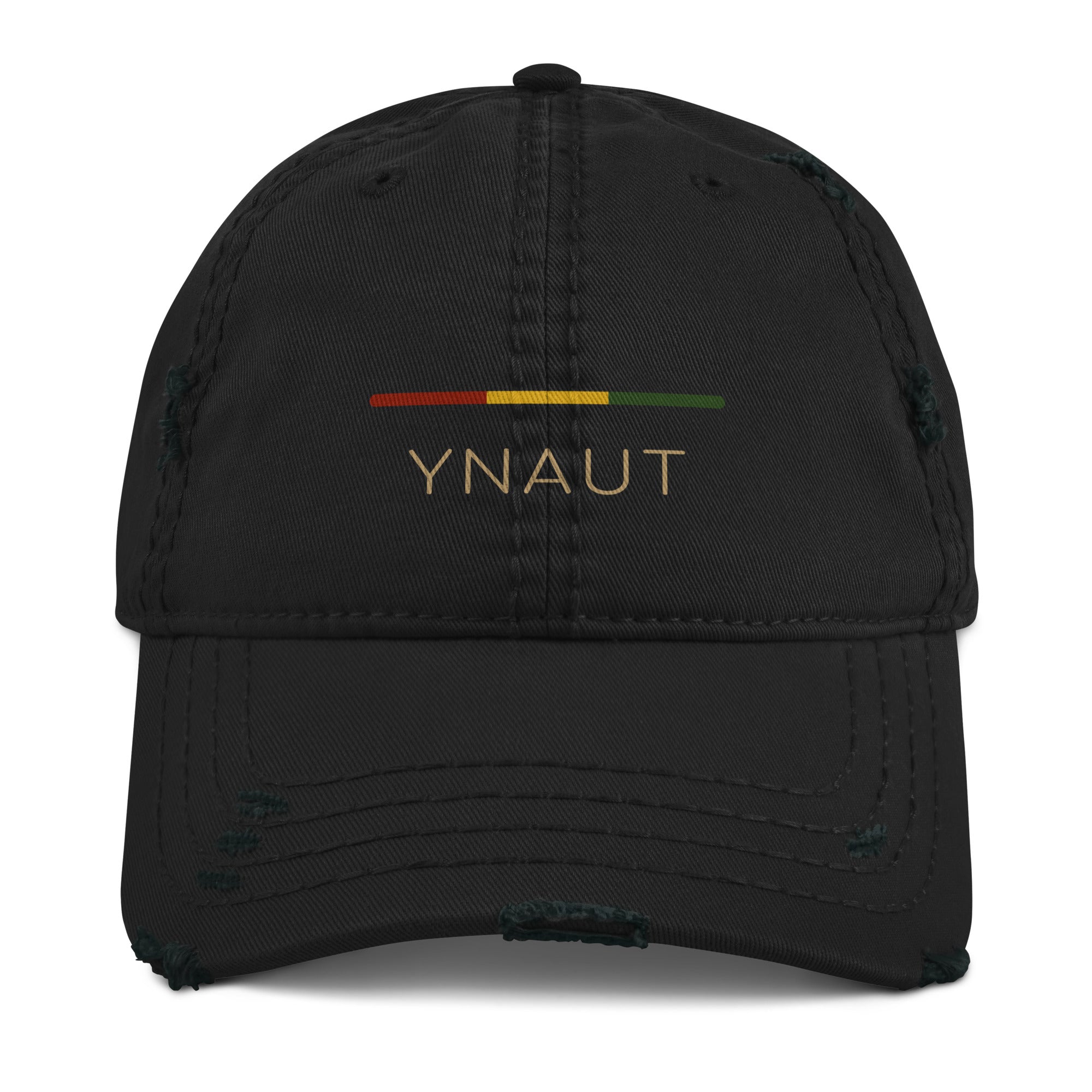 YNAUT Distressed Cap | Stripe Logo Rasta-Inspired Minimalist Hat with printed YNAUT logo, distressed-dad-hat-black-front-6a4aedff83dd4