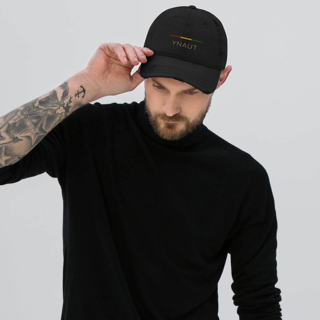 YNAUT Distressed Cap | Stripe Logo Rasta-Inspired Minimalist Hat with printed YNAUT logo, distressed-dad-hat-black-front-6a4aedff850c3
