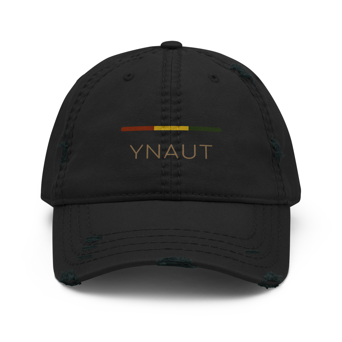 Distressed Dad Hat | Riddim Collection | YNAUT with printed YNAUT Riddim logo, black, front view