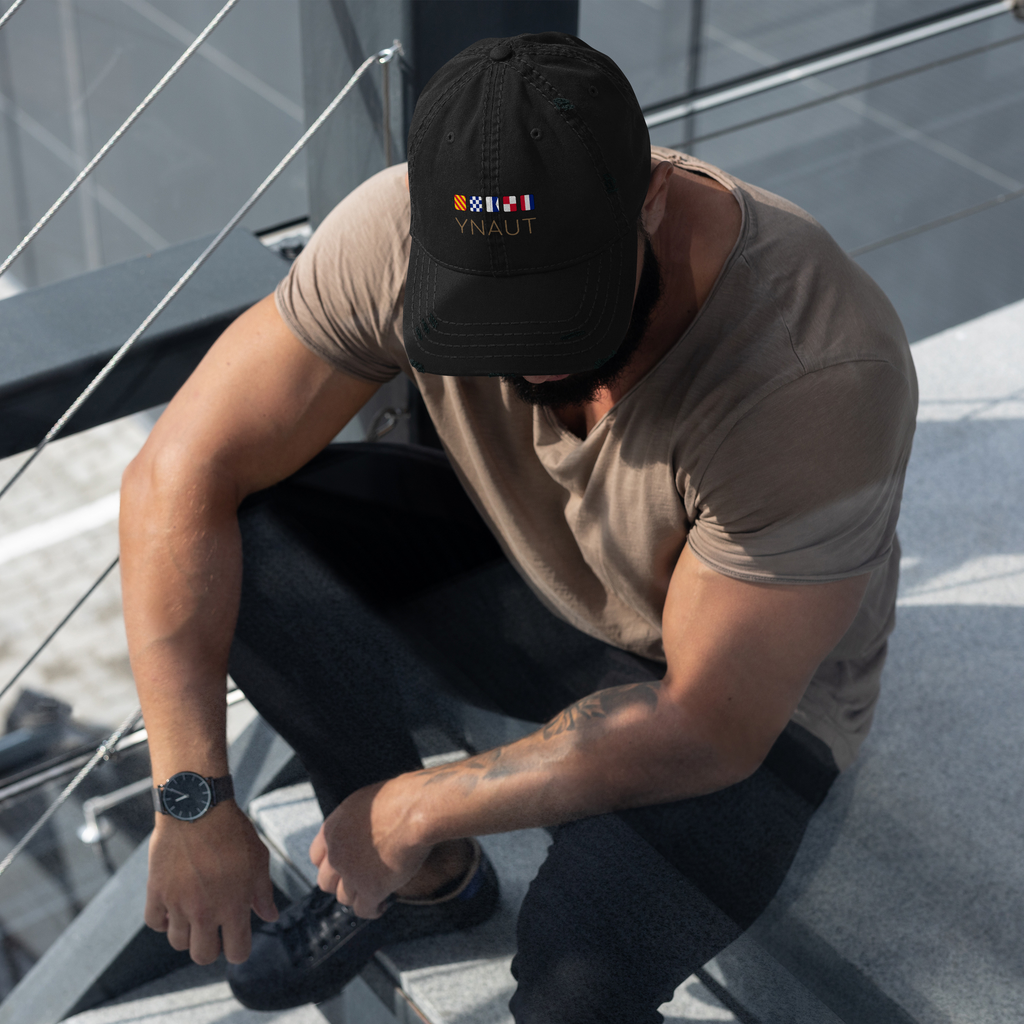 Distressed Dad Hat | Signal Collection | YNAUT with printed YNAUT Signal logo, black, front view