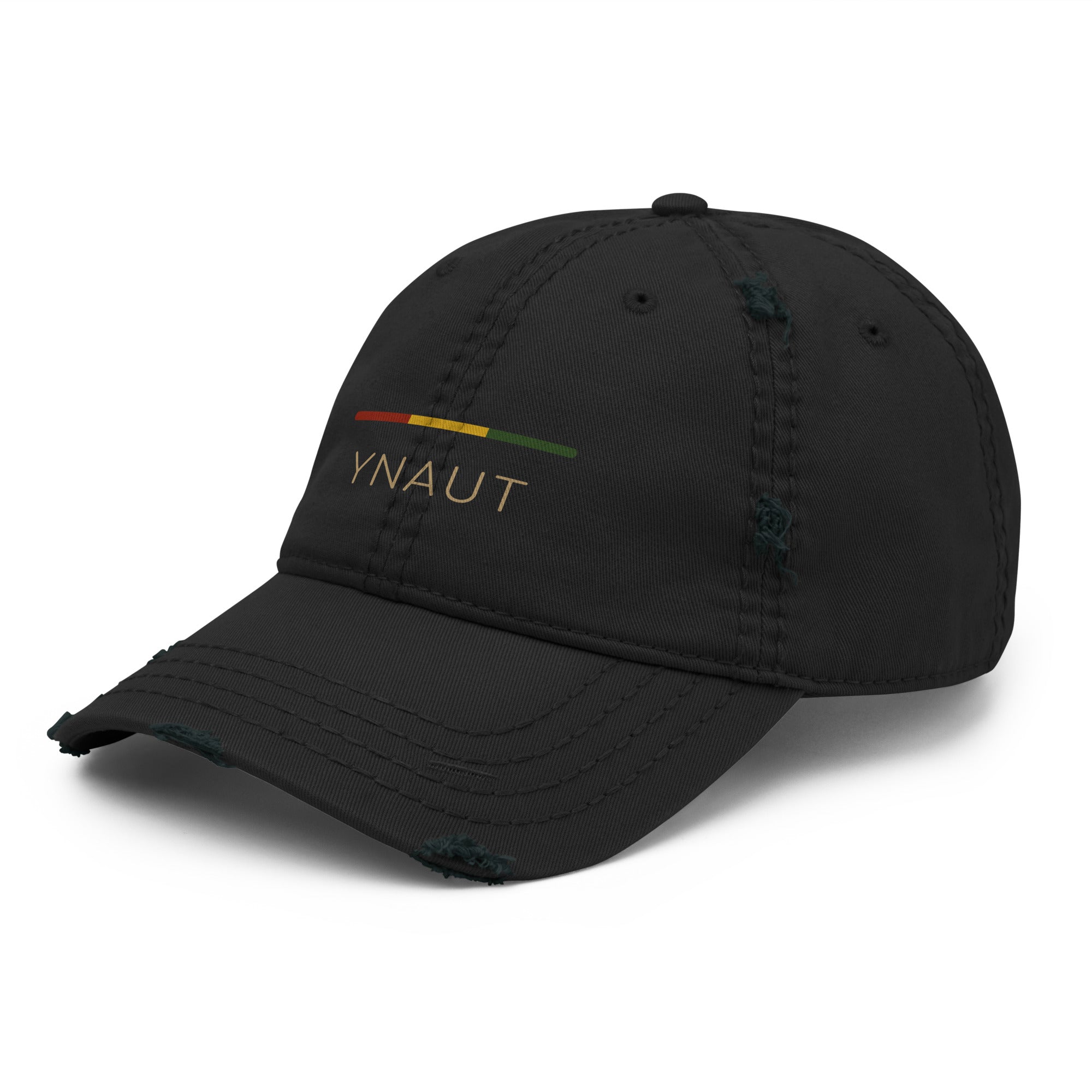 YNAUT Distressed Cap | Stripe Logo Rasta-Inspired Minimalist Hat with printed YNAUT logo, distressed-dad-hat-black-left-front-6a4aedff84f9a