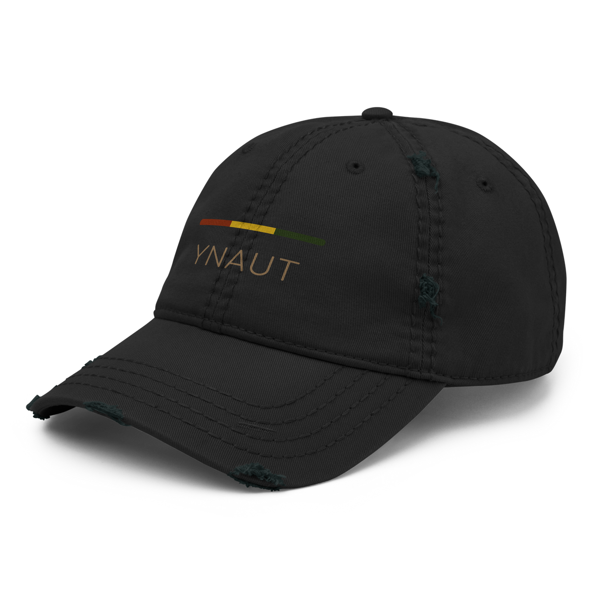 Distressed Dad Hat | Riddim Collection | YNAUT with printed YNAUT Riddim logo, black, left front view