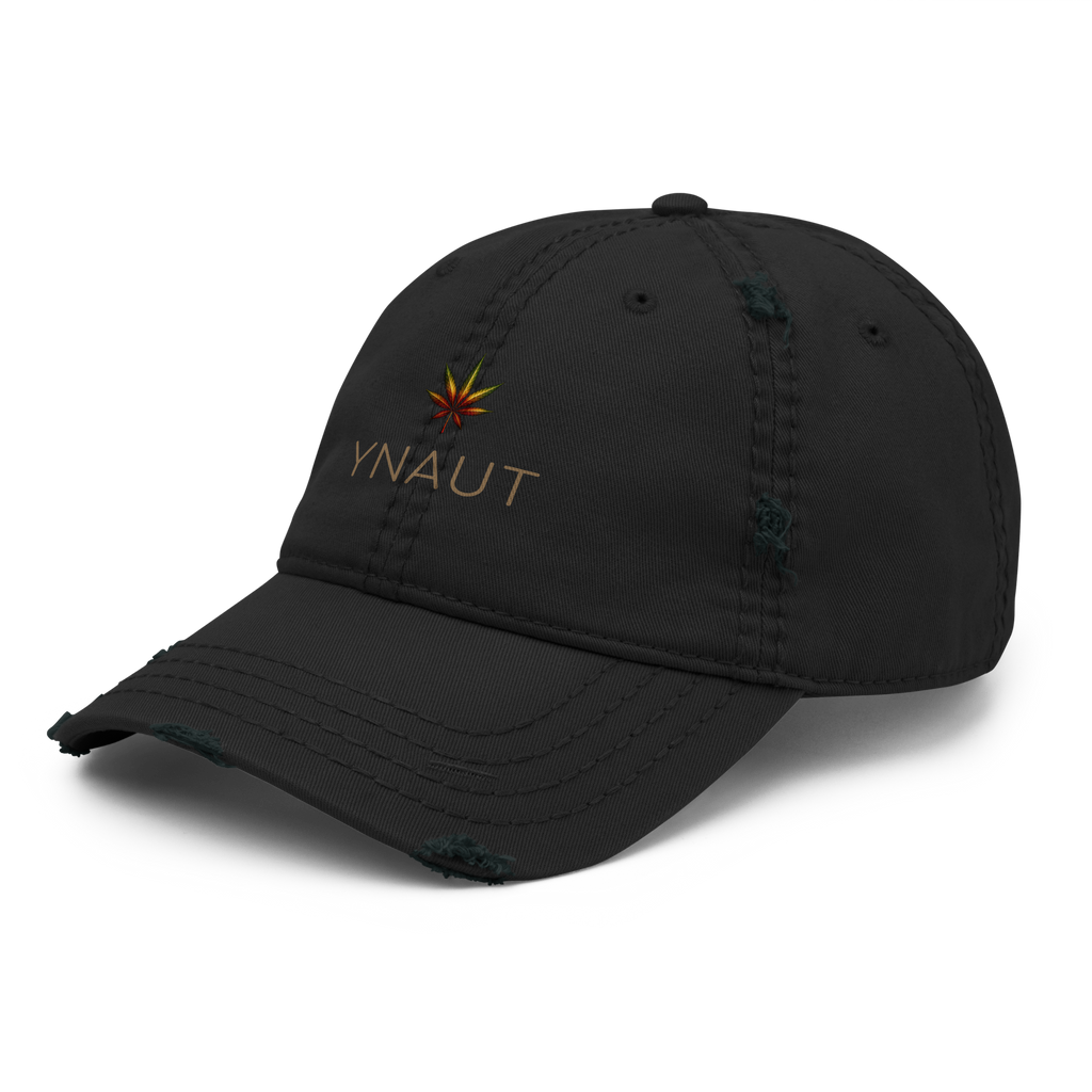 Distressed Dad Hat | High Tide Collection | YNAUT with printed YNAUT High Tide logo, black, left front view