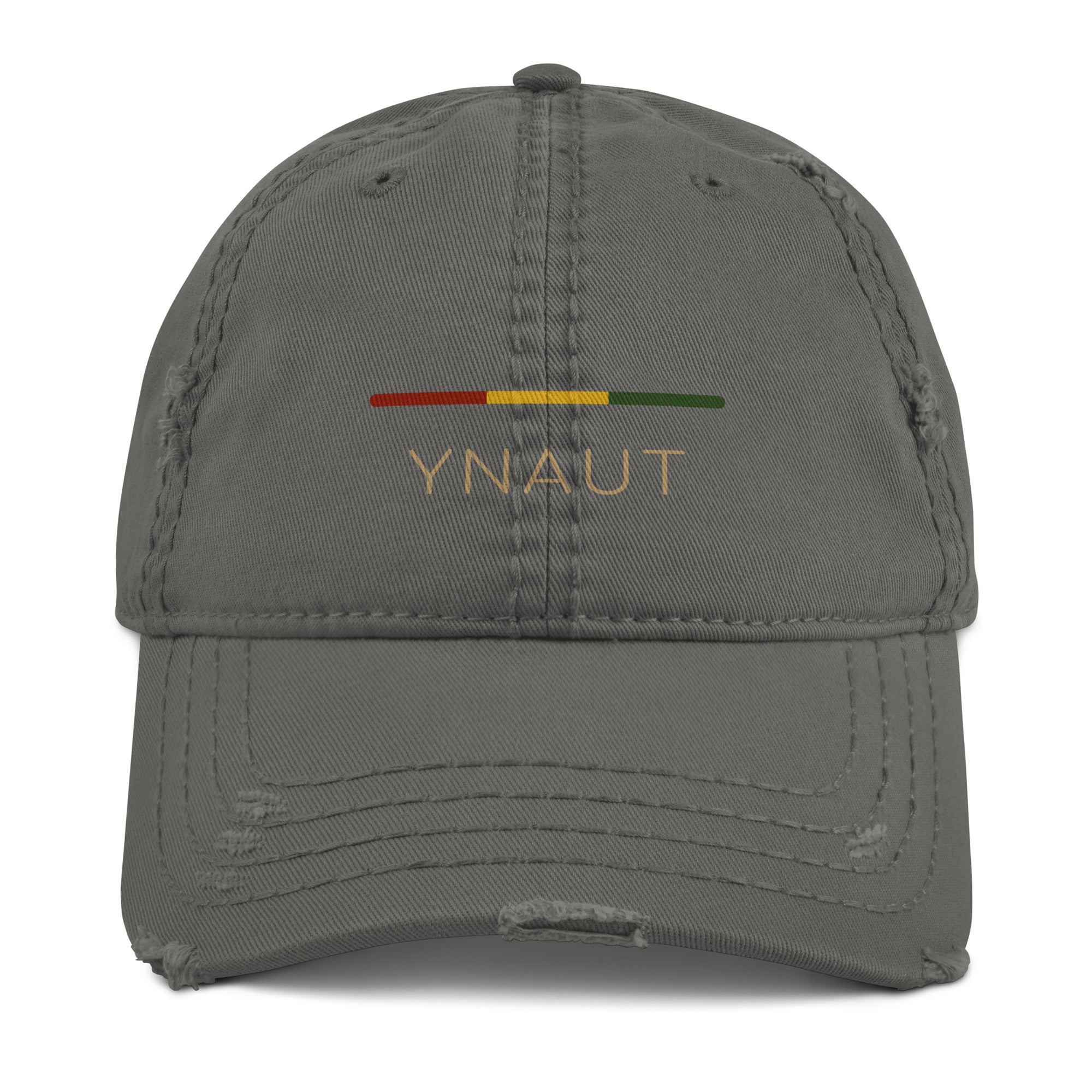 YNAUT Distressed Cap | Stripe Logo Rasta-Inspired Minimalist Hat with printed YNAUT logo, distressed-dad-hat-charcoal-grey-front-6a4aedff85767