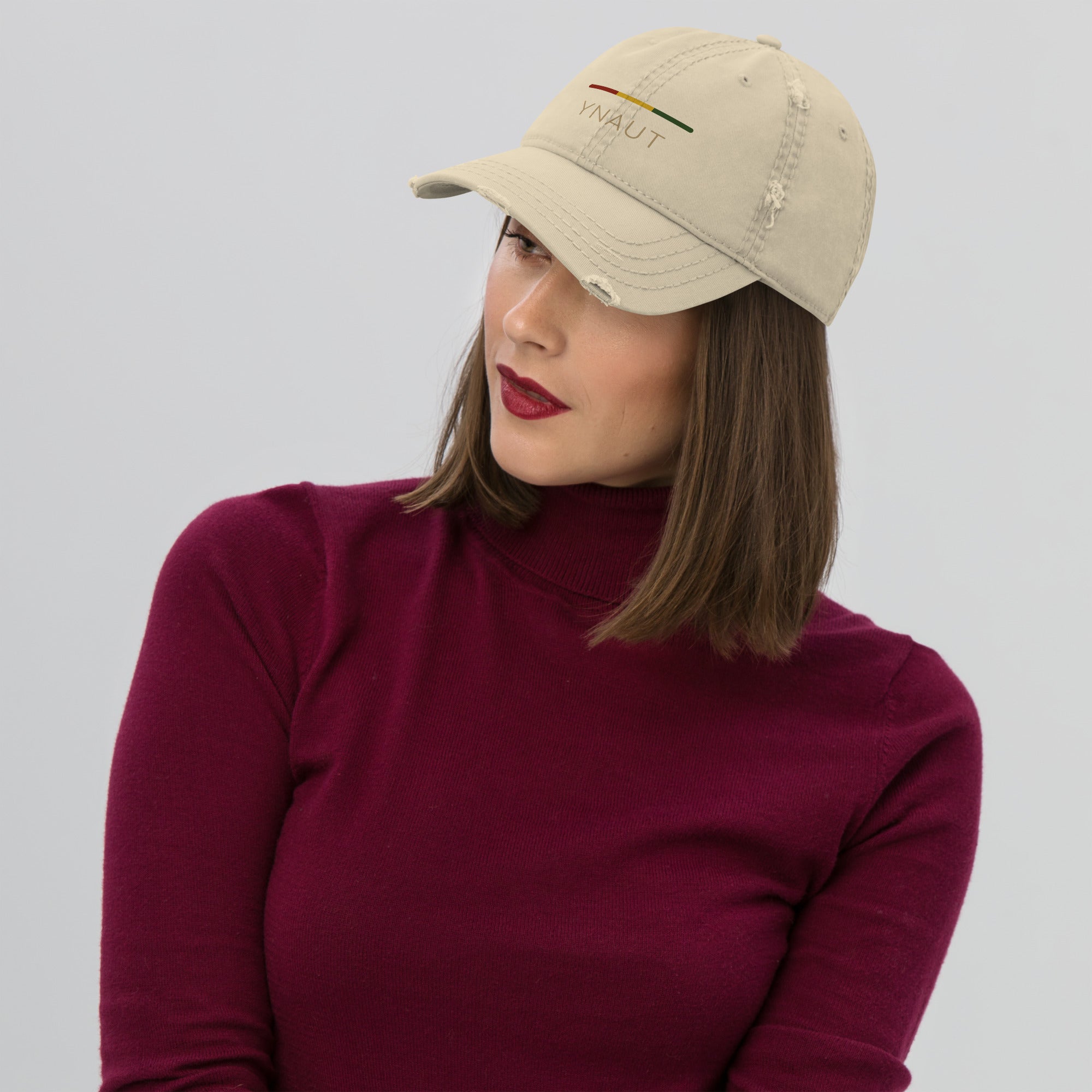 YNAUT Distressed Cap | Stripe Logo Rasta-Inspired Minimalist Hat with printed YNAUT logo, distressed-dad-hat-khaki-front-6a4aedff851cf