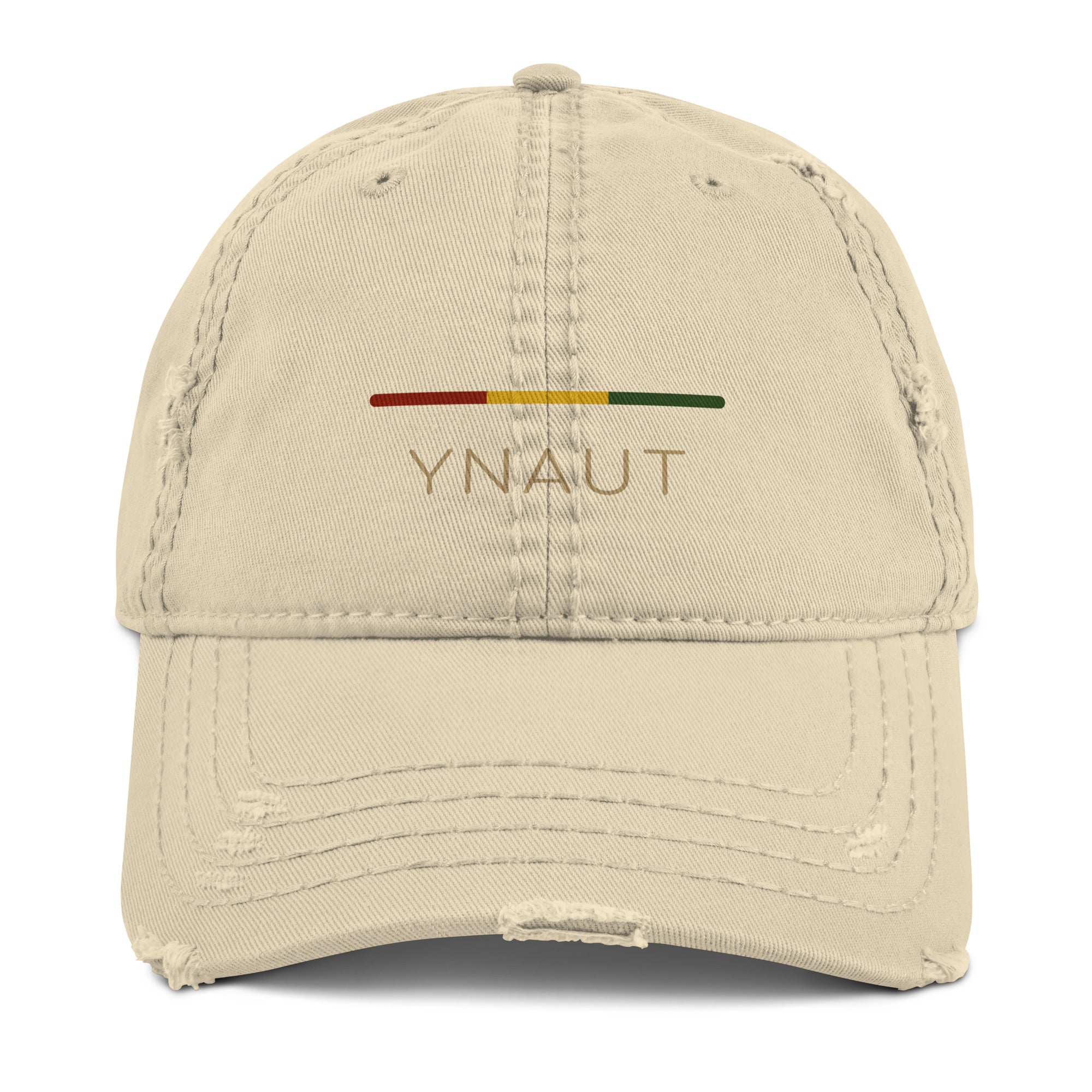 YNAUT Distressed Cap | Stripe Logo Rasta-Inspired Minimalist Hat with printed YNAUT logo, distressed-dad-hat-khaki-front-6a4aedff859ba