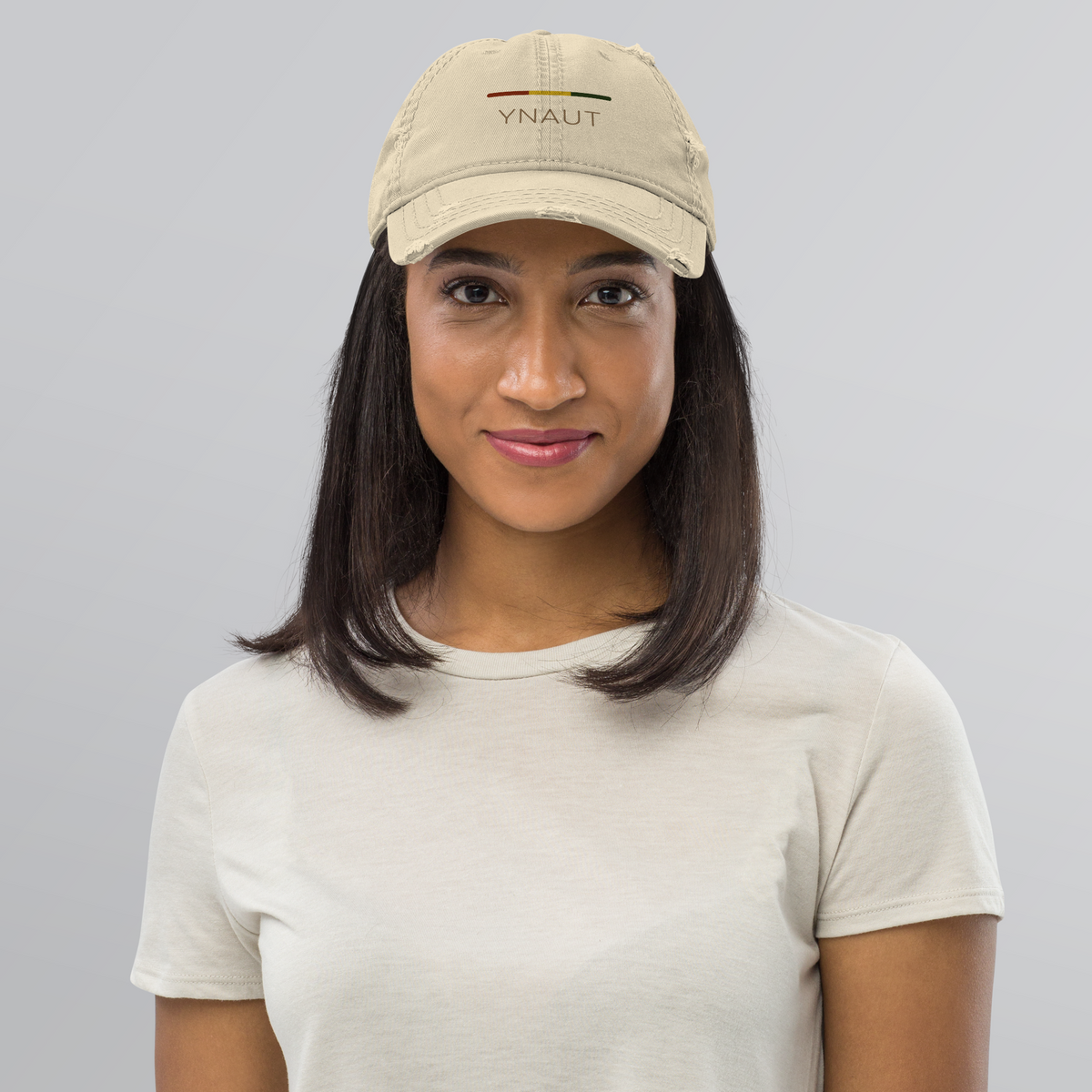 Distressed Dad Hat | Riddim Collection | YNAUT with printed YNAUT Riddim logo, khaki, front view