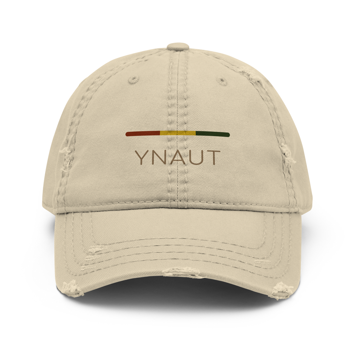 Distressed Dad Hat | Riddim Collection | YNAUT with printed YNAUT Riddim logo, khaki, front view