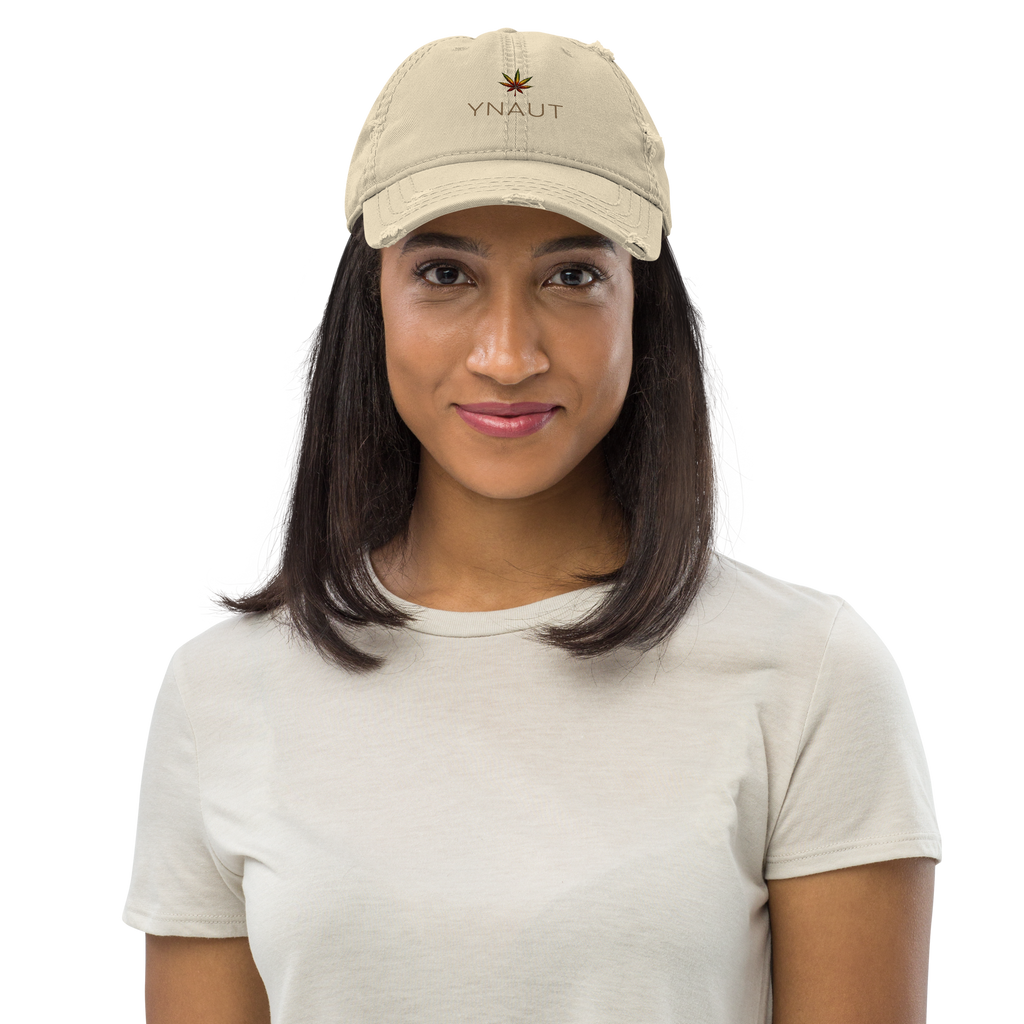 Distressed Dad Hat | High Tide Collection | YNAUT with printed YNAUT High Tide logo, khaki, front view