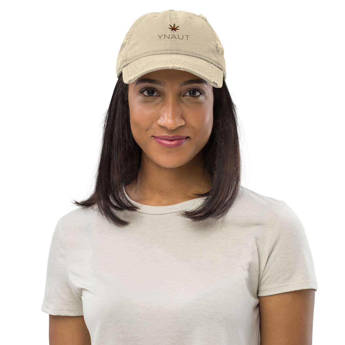 Distressed Dad Hat | High Tide Collection | YNAUT with printed YNAUT High Tide logo, khaki, front view