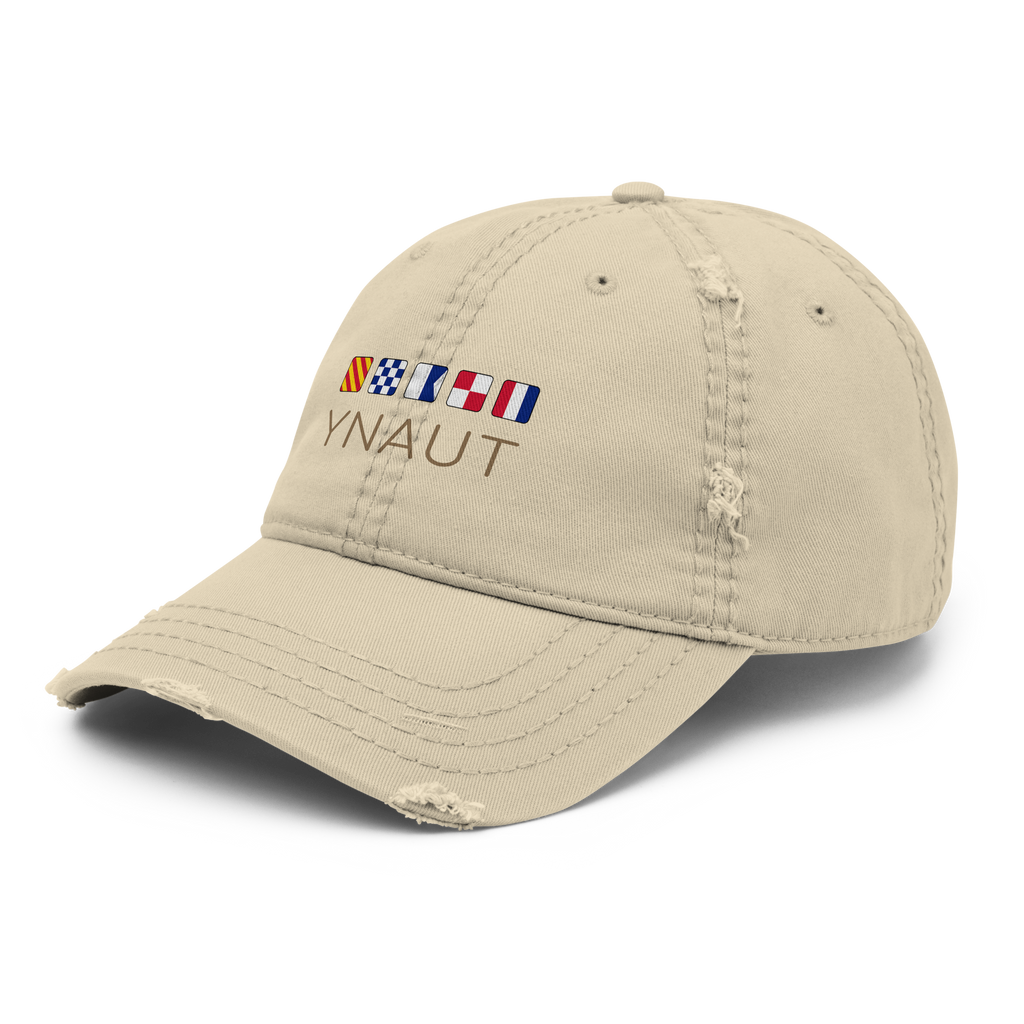 Distressed Dad Hat | Signal Collection | YNAUT with printed YNAUT Signal logo, khaki, left front view
