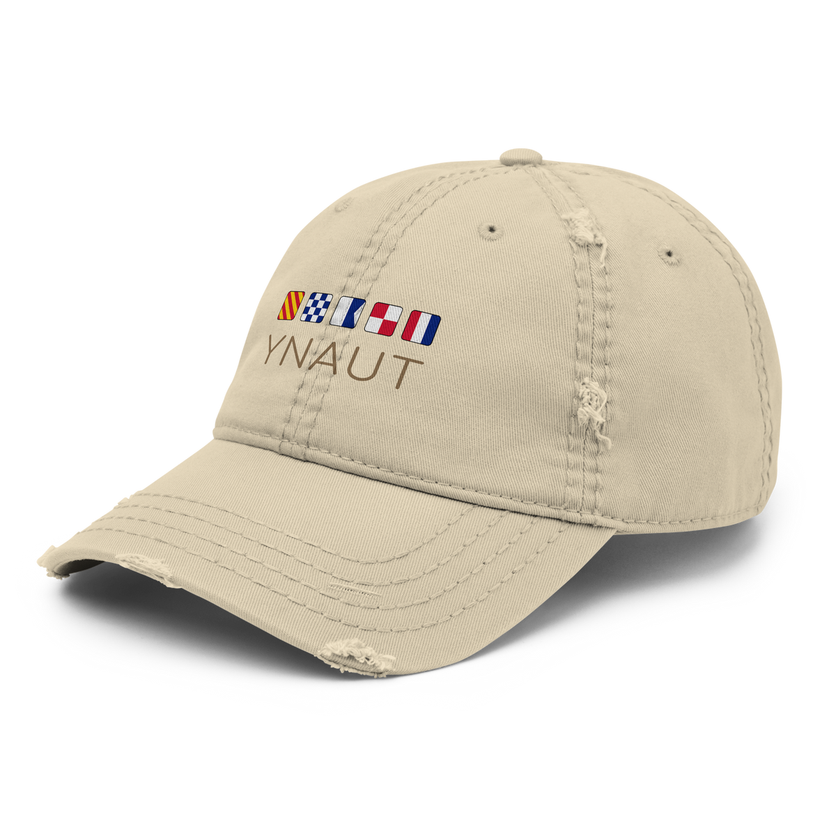 Distressed Dad Hat | Signal Collection | YNAUT with printed YNAUT Signal logo, khaki, left front view