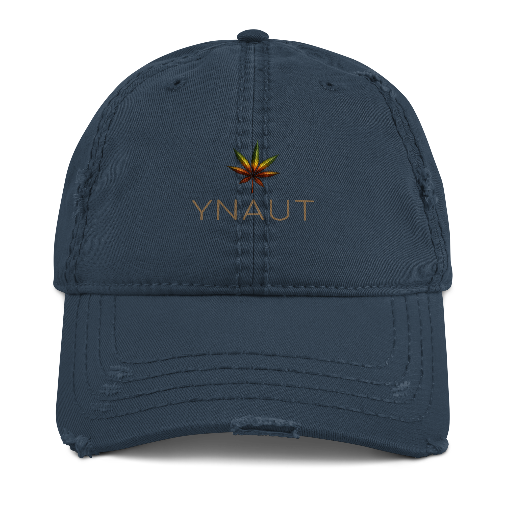 YNAUT Distressed Cap with printed YNAUT logo, distressed-dad-hat-navy-front-69d914726d859