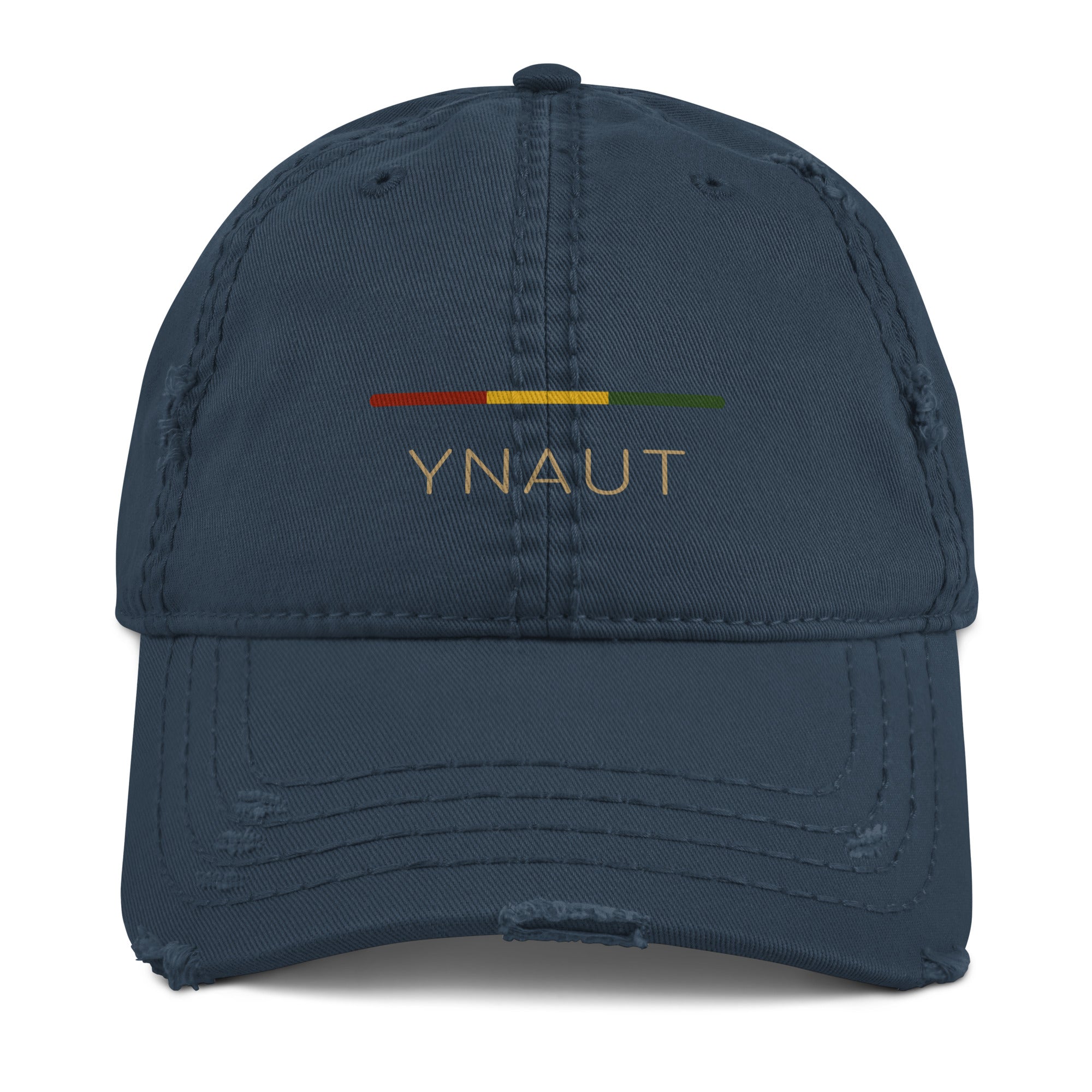 YNAUT Distressed Cap | Stripe Logo Rasta-Inspired Minimalist Hat with printed YNAUT logo, distressed-dad-hat-navy-front-6a4aedff85536