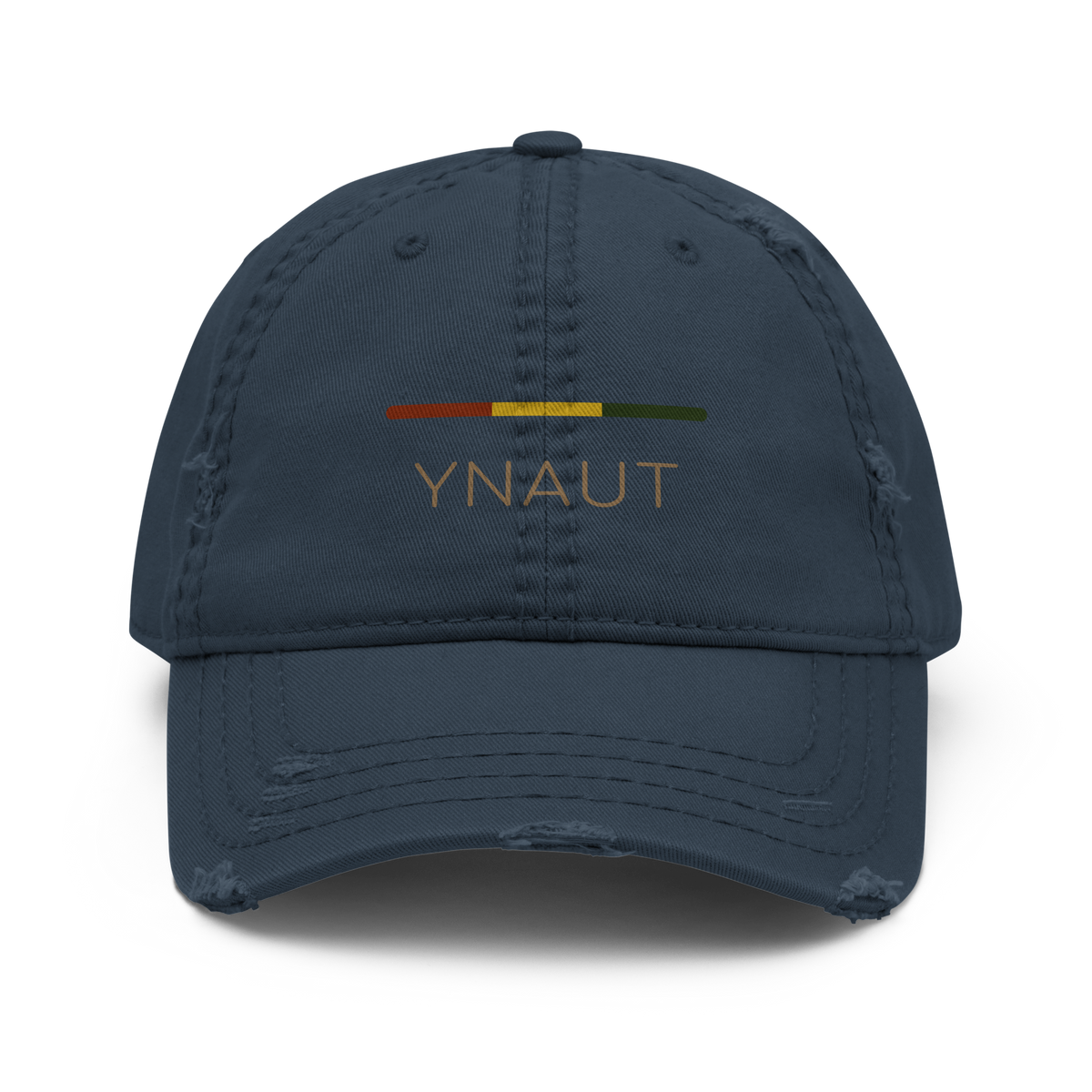 Distressed Dad Hat | Riddim Collection | YNAUT with printed YNAUT Riddim logo, navy, front view