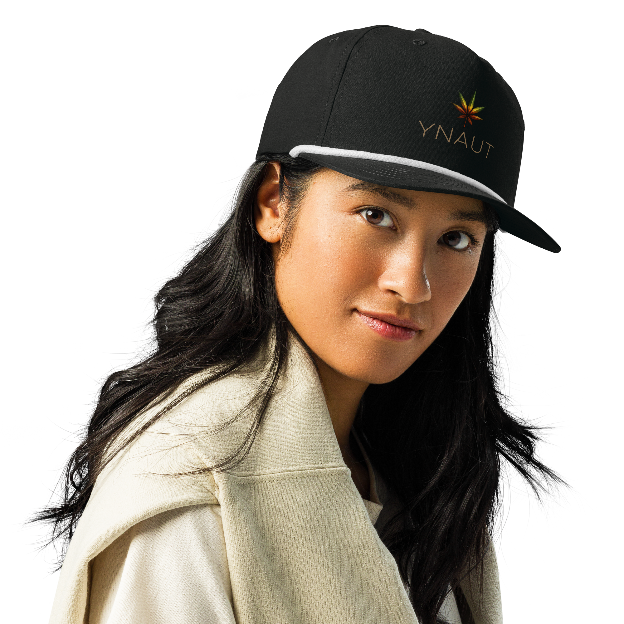 YNAUT Classic Rope Cap with printed YNAUT logo, golf-rope-cap-black-white-front-2-69ced1603b27d