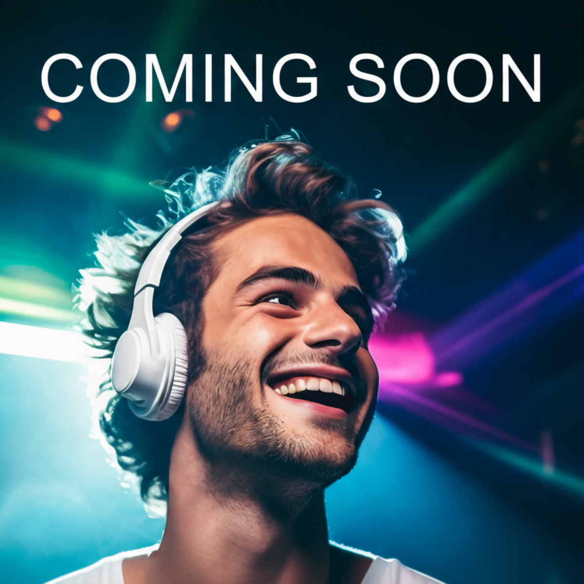 A smiling man wearing white over-ear headphones against a dark stage-like background with colorful neon light beams and the text 'COMING SOON' at the top.
