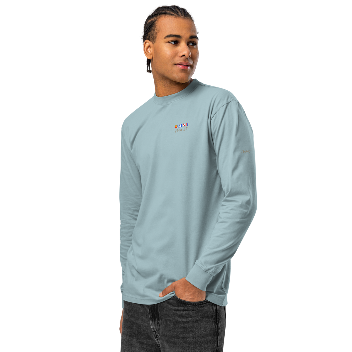 Premium Midweight Long Sleeve T-Shirt | Signal Collection | YNAUT with printed YNAUT Signal logo, agave, left front view