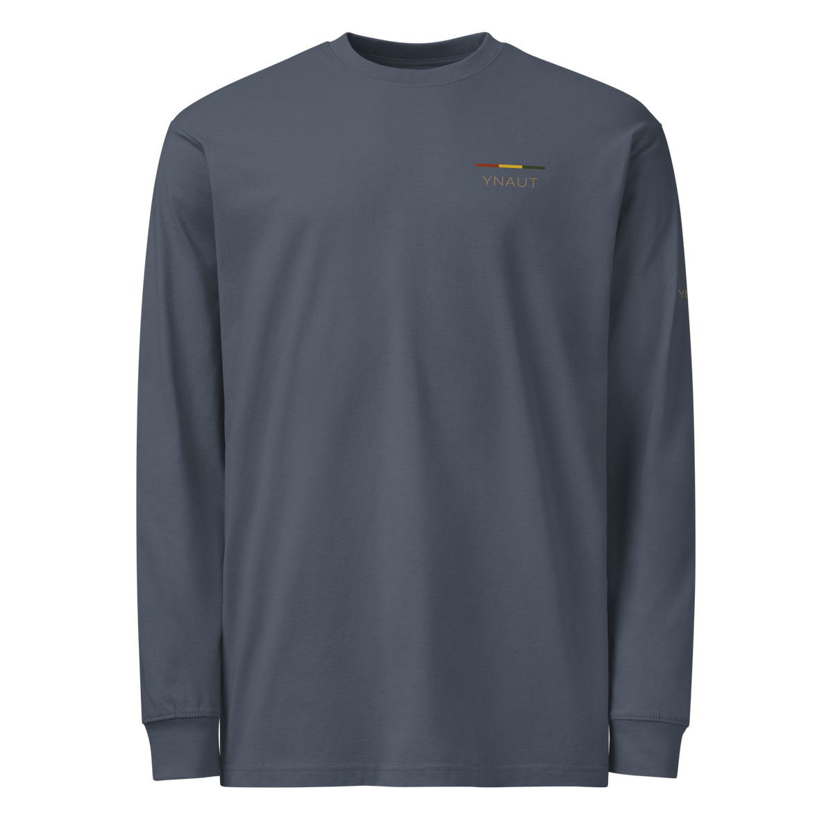 Premium Midweight Long Sleeve T-Shirt | Riddim Collection | YNAUT with printed YNAUT Riddim logo, harbor blue, front view
