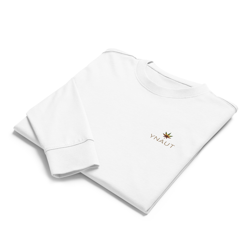 Premium Midweight Long Sleeve T-Shirt | High Tide Collection | YNAUT with printed YNAUT High Tide logo, white, front view