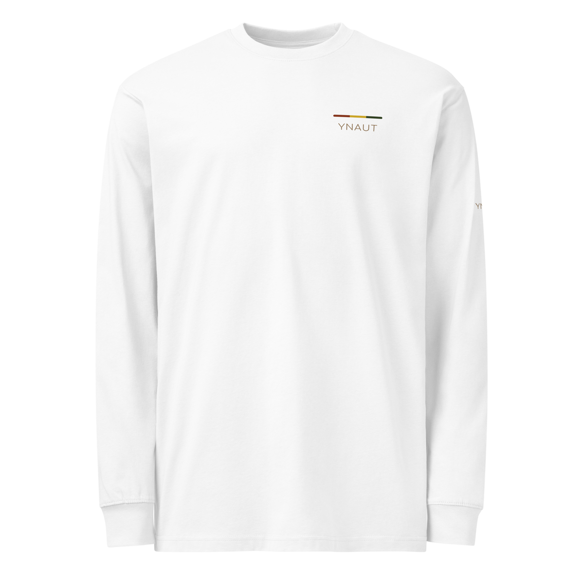 Premium Midweight Long Sleeve T-Shirt | Riddim Collection | YNAUT with printed YNAUT Riddim logo, white, front view